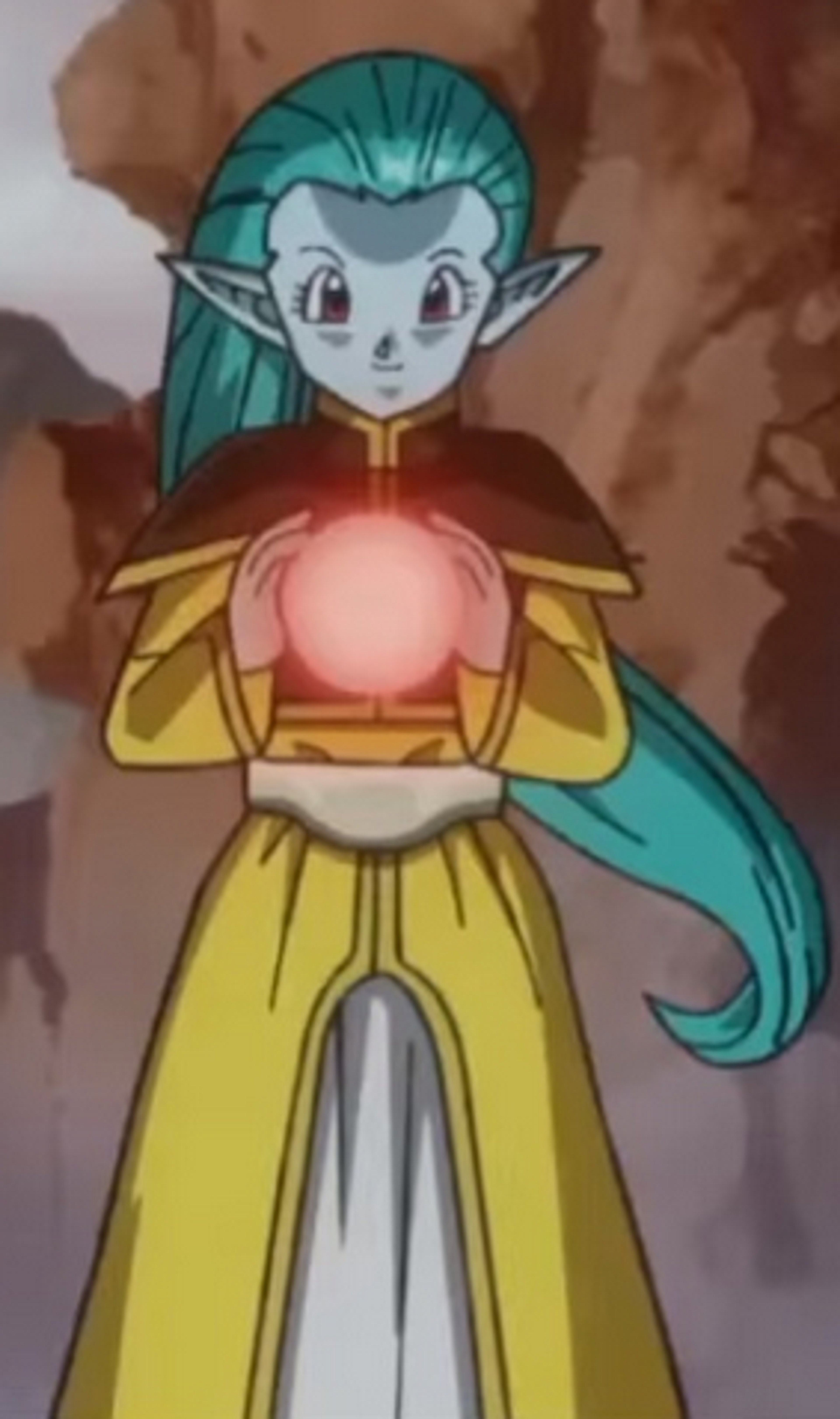 A blue-skinned, aqua-haired female character in a yellow tunic and white skirt, wielding magical energy.