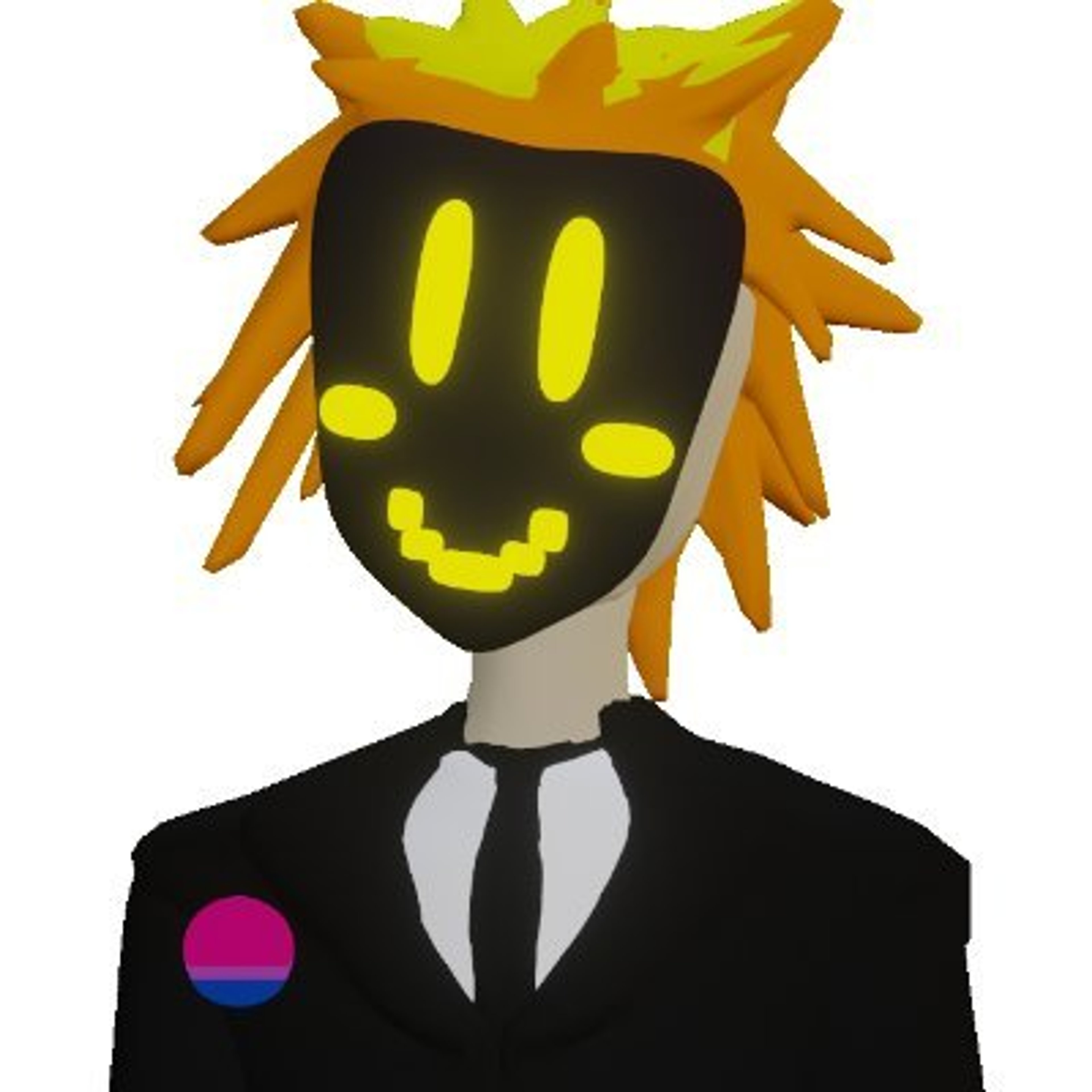 A character with a pixelated mask, tuxedo, and teal scarf, with a toy spinosaurus on their head.