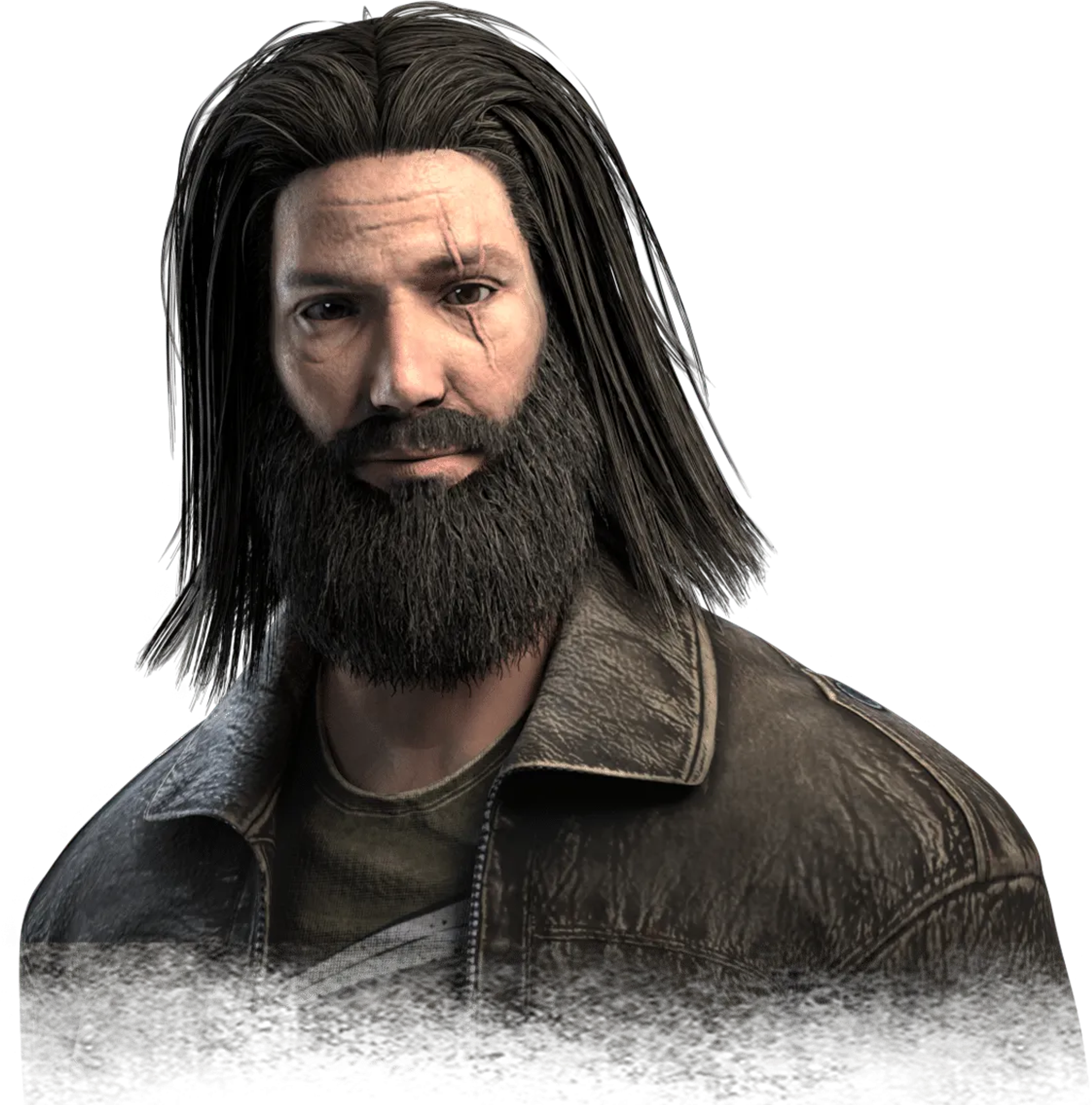 A man with long dark hair and a beard wearing a leather jacket