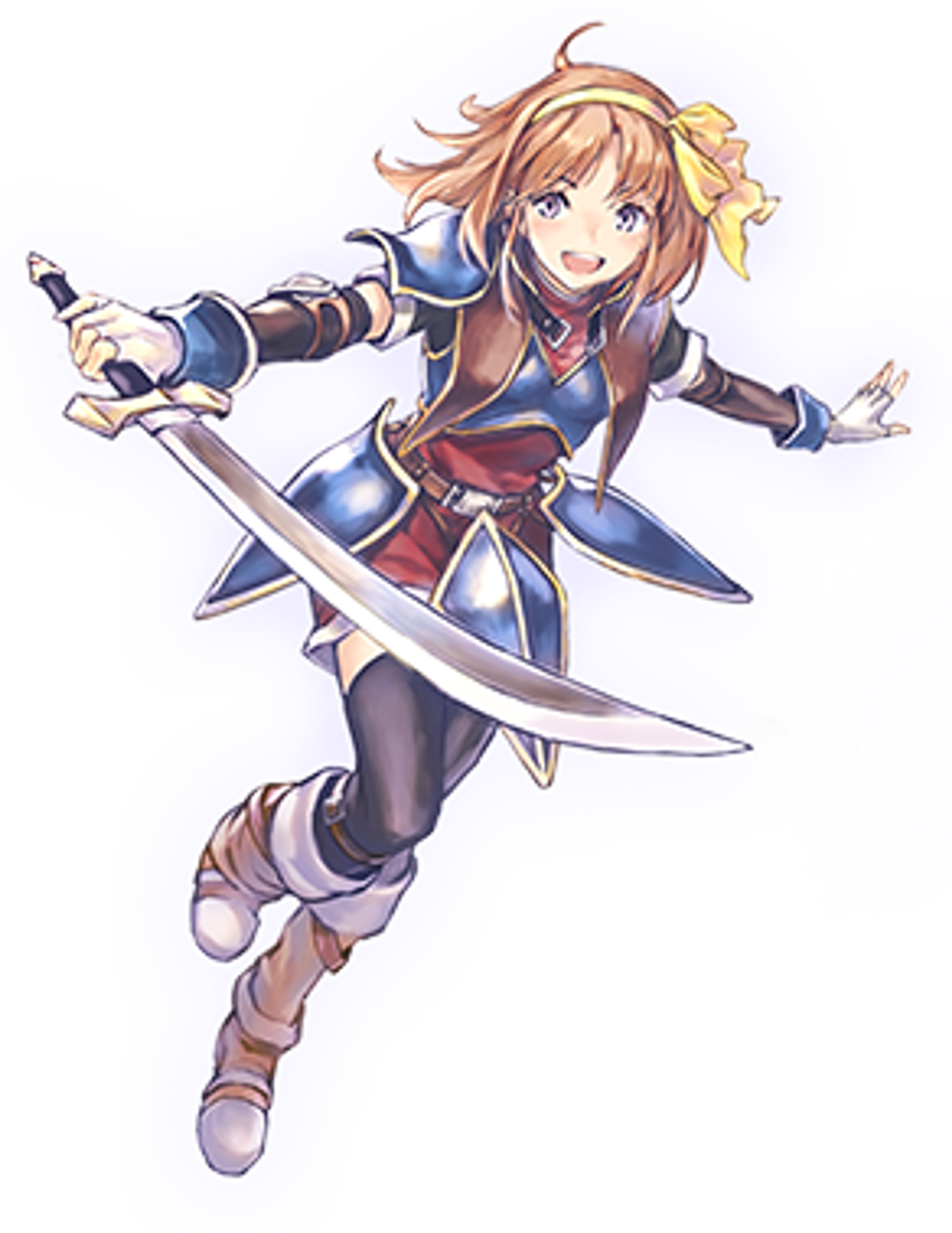 A young, blonde female character in a dynamic sword-fighting pose