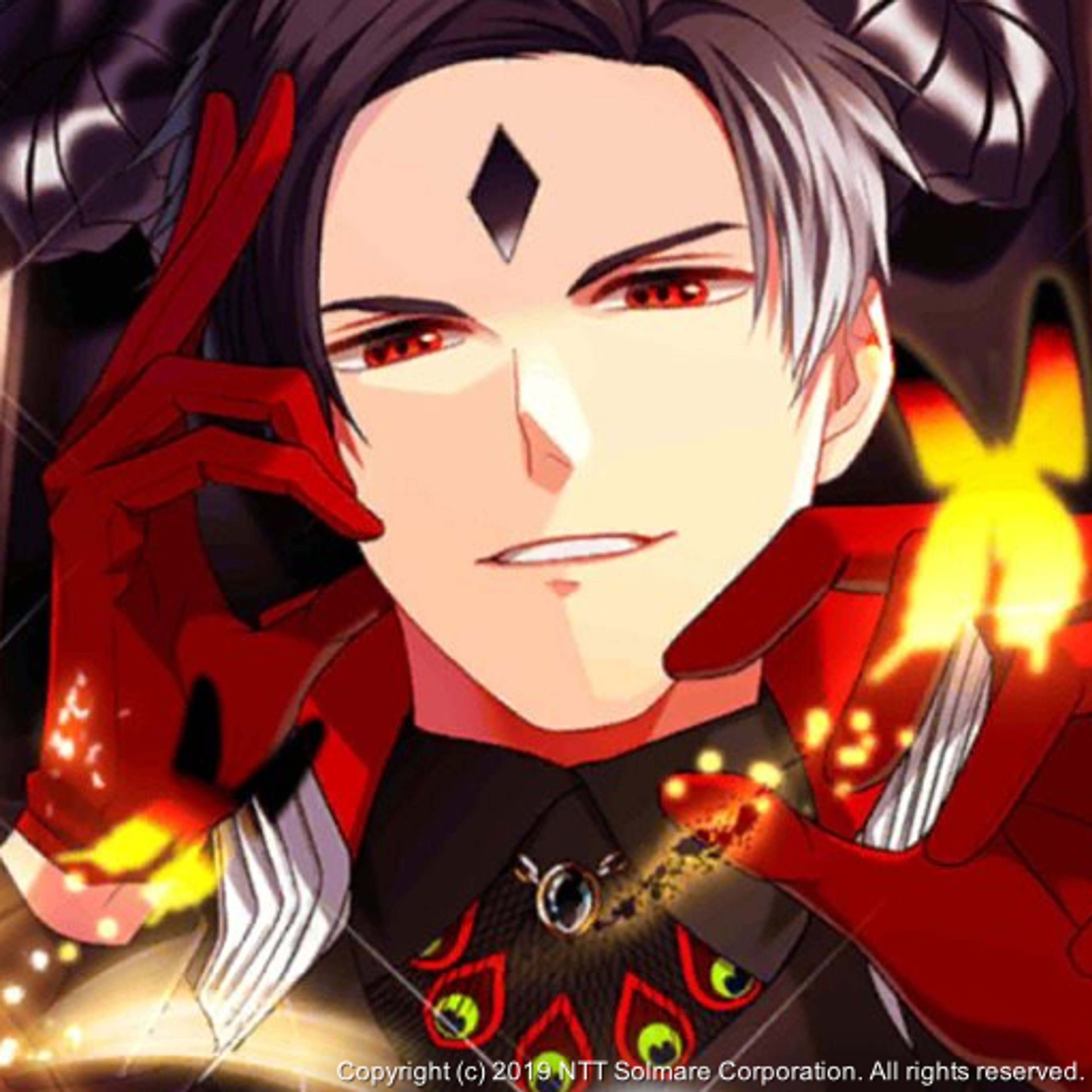 A male character with pale skin, white hair, and red eyes wearing a black and red outfit against a dark, fiery background.