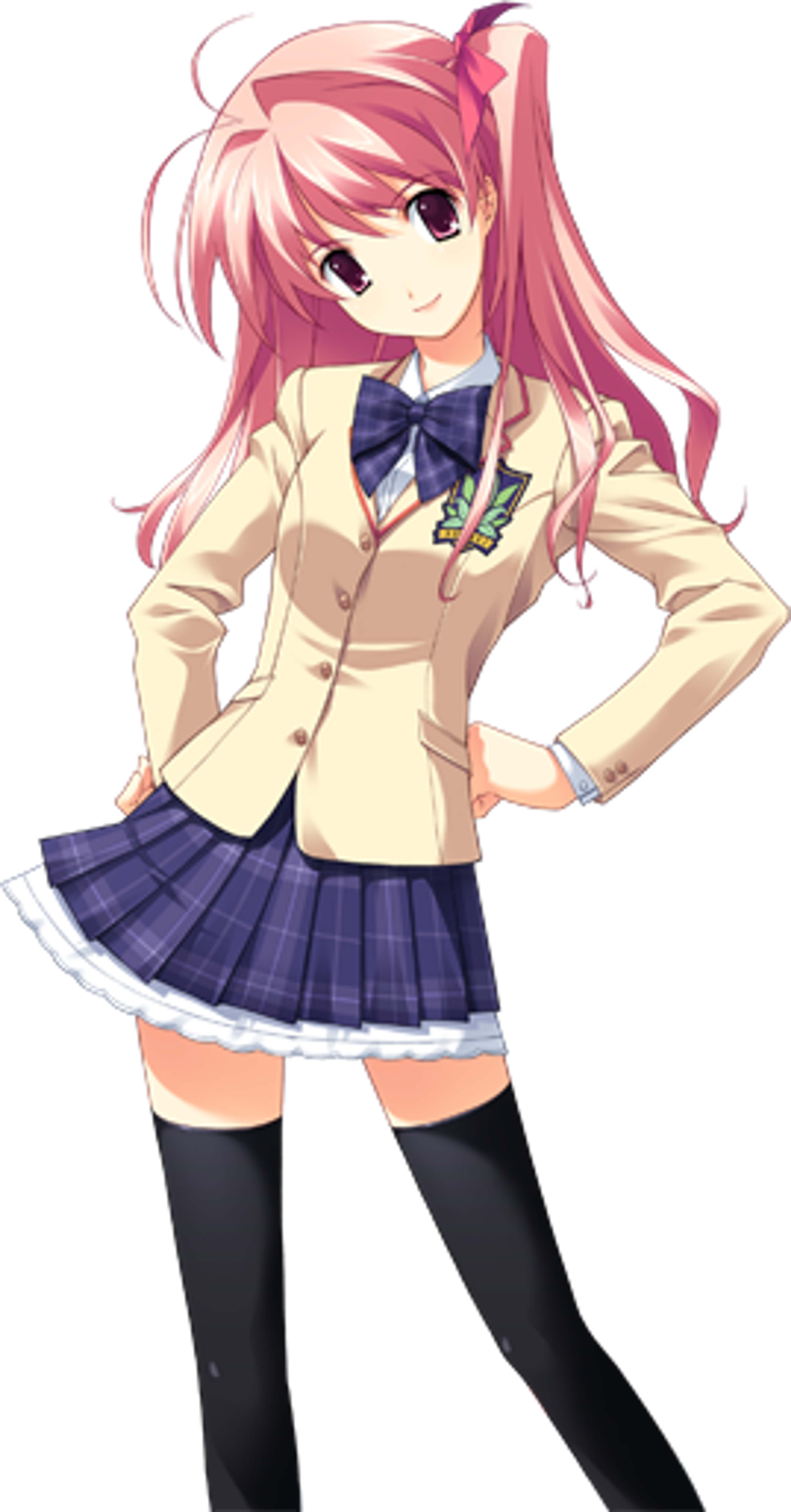 A teenage anime girl with pink hair in a school uniform