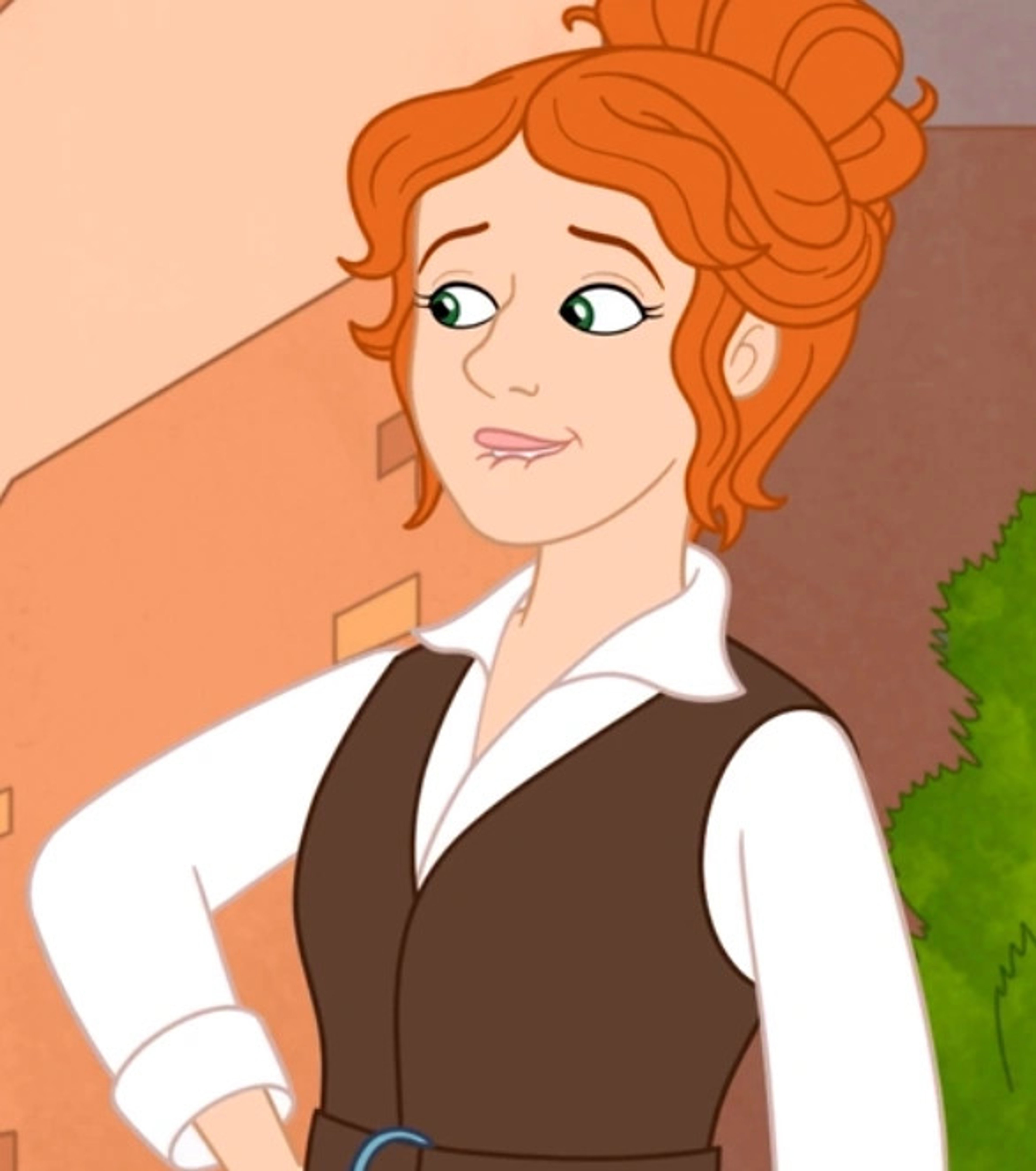 An animated female character with orange curly hair, wearing a white shirt and brown vest, with a friendly expression on her face.