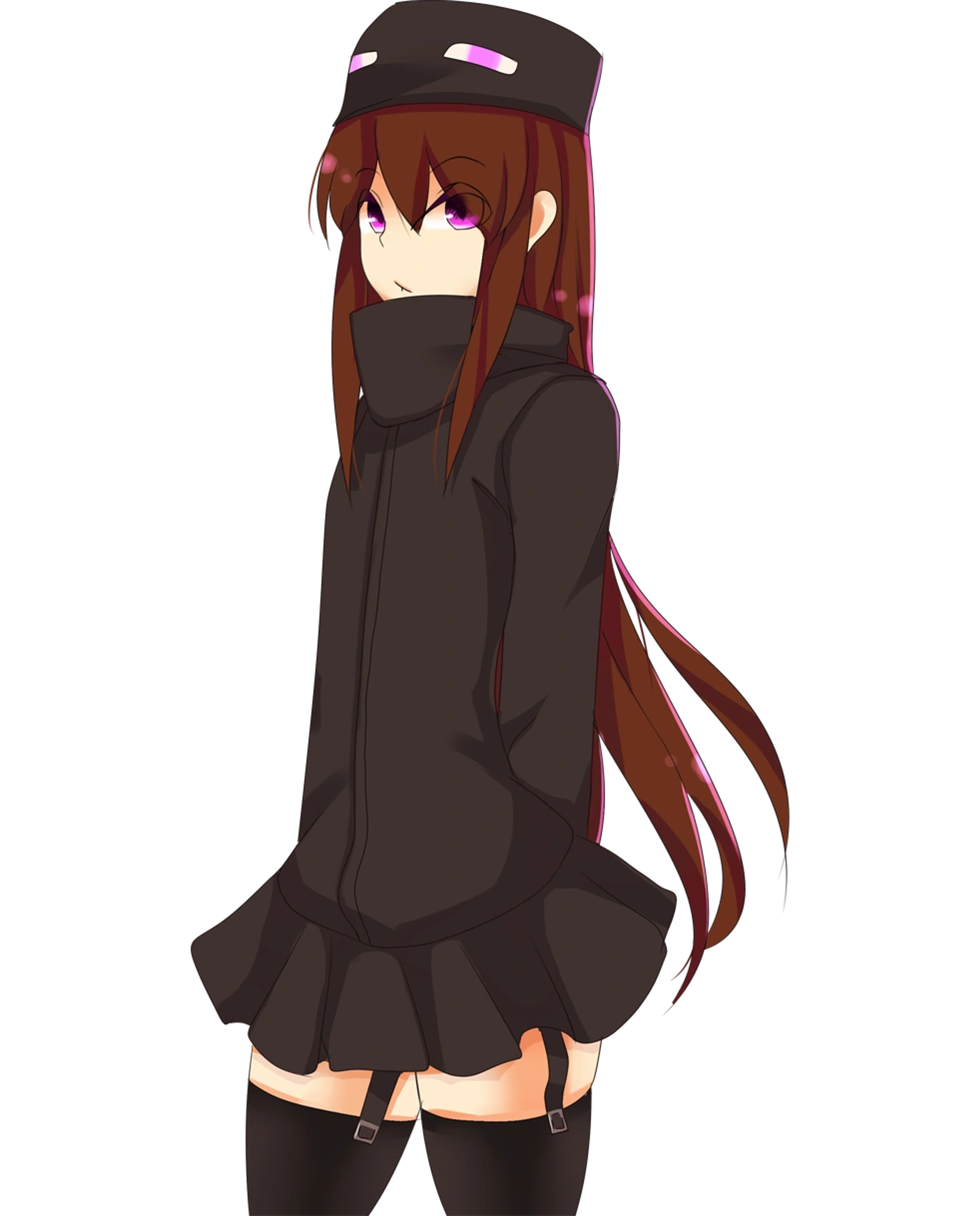 An anime-style character with long auburn hair and purple eyes, wearing a dark jacket with a high collar.