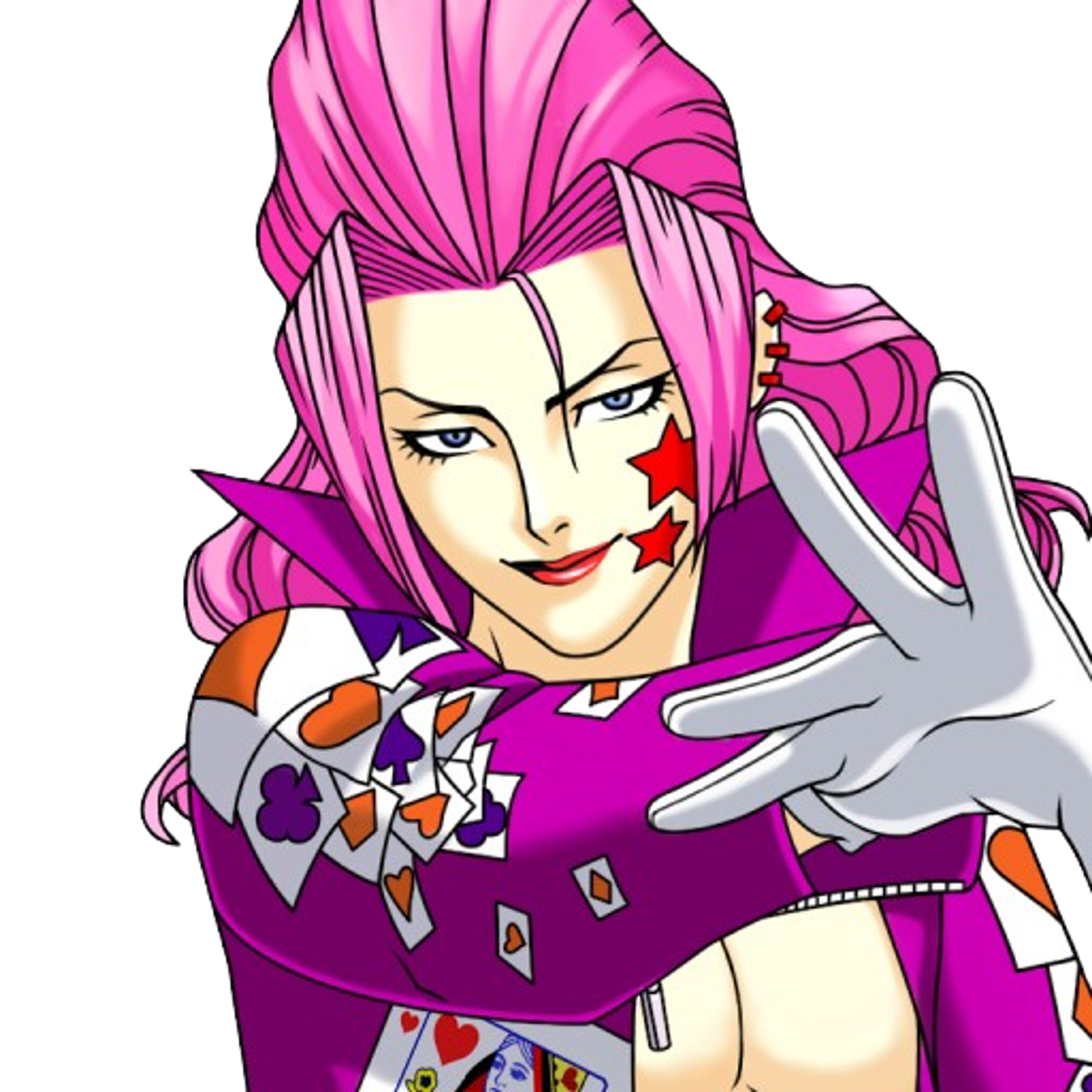 A flamboyant, pink-haired stage magician character named Max Galactica posing in a dramatic, confident stance.
