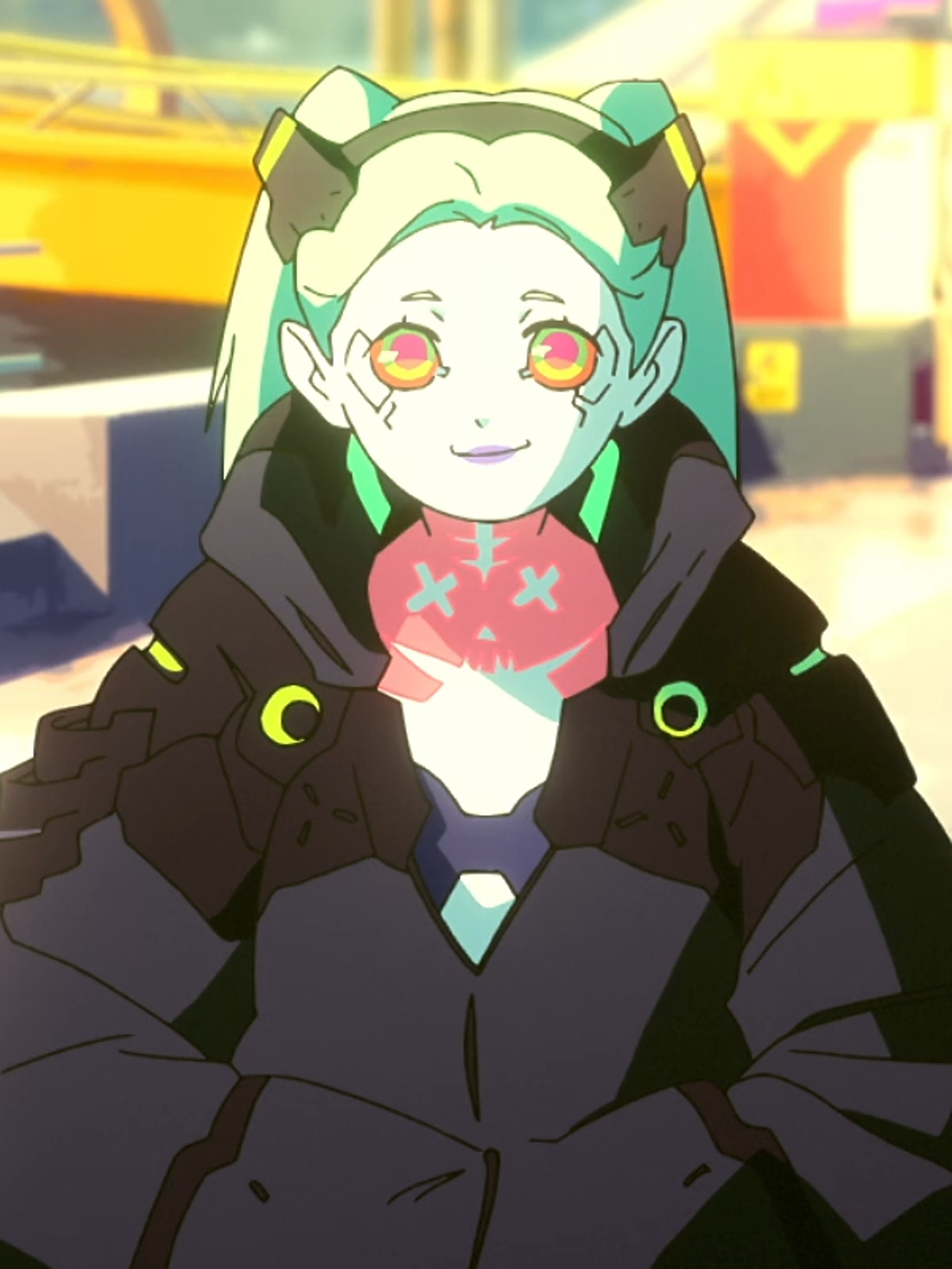 An anime-style character with green hair and heterochromatic eyes wearing a black outfit with colorful accents