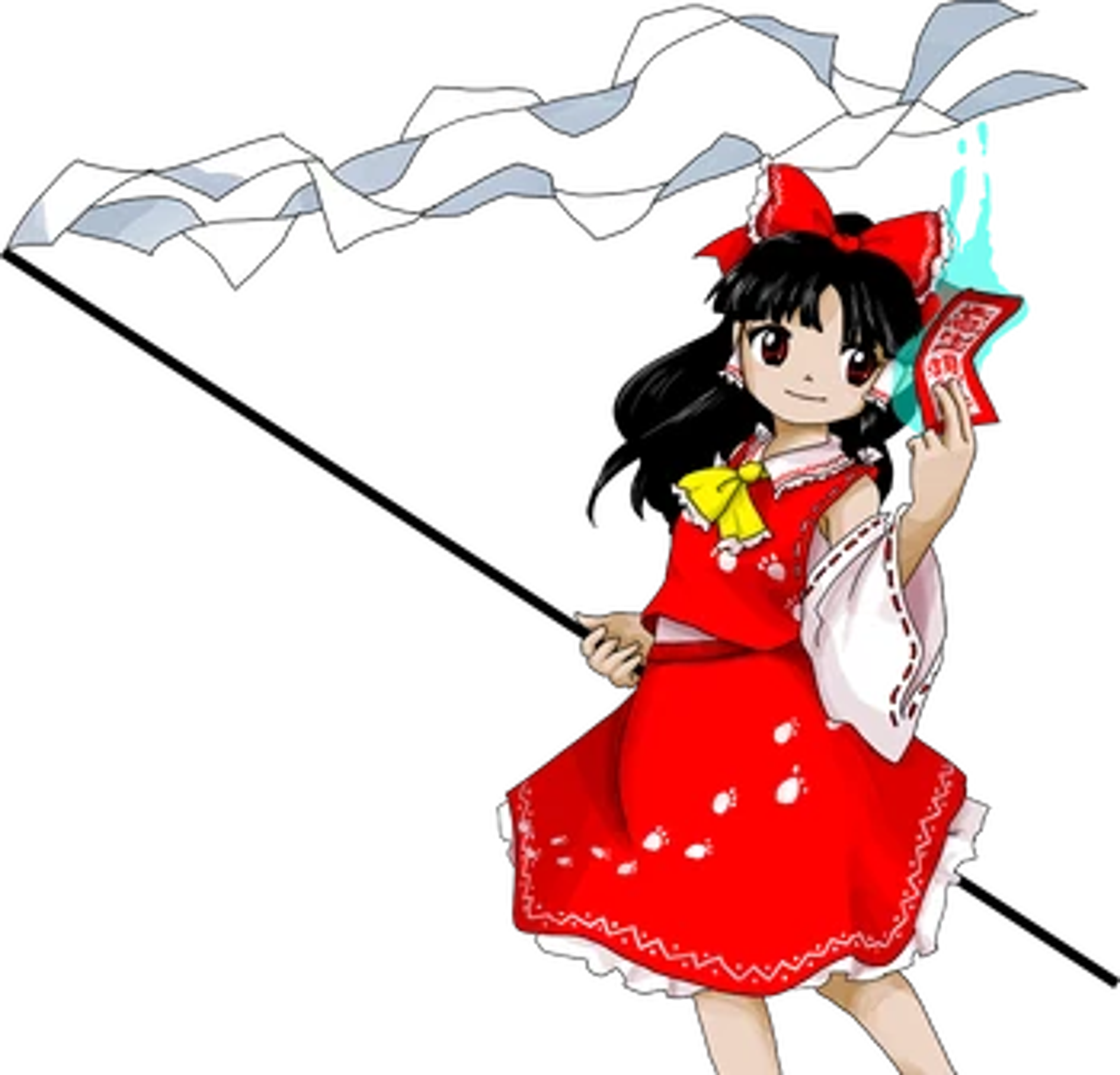 An anime-style character in a red and white dress holding a gohei ritual wand in front of a mountainous landscape.