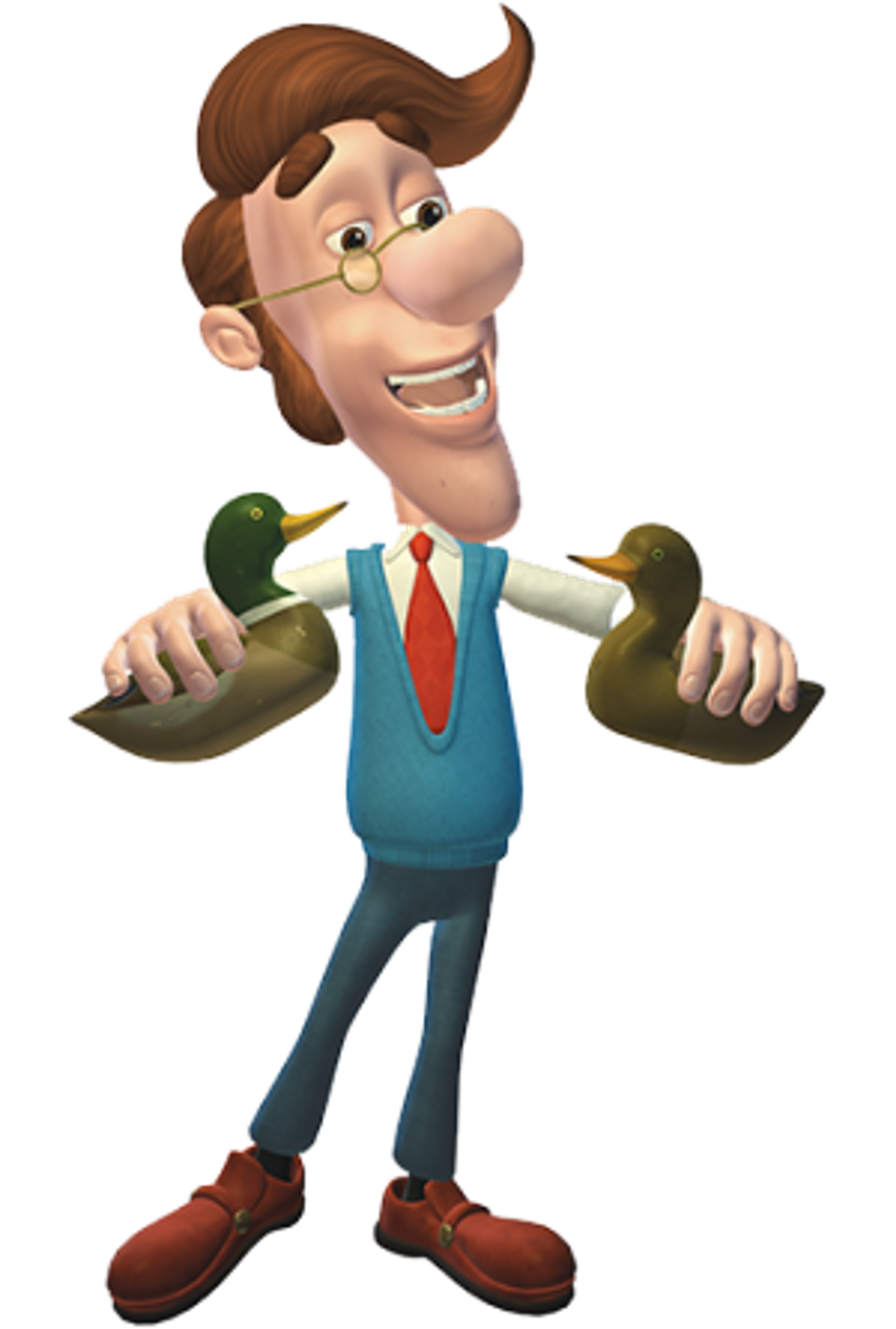 A cartoon character with brown hair, glasses, and a blue suit, smiling enthusiastically.