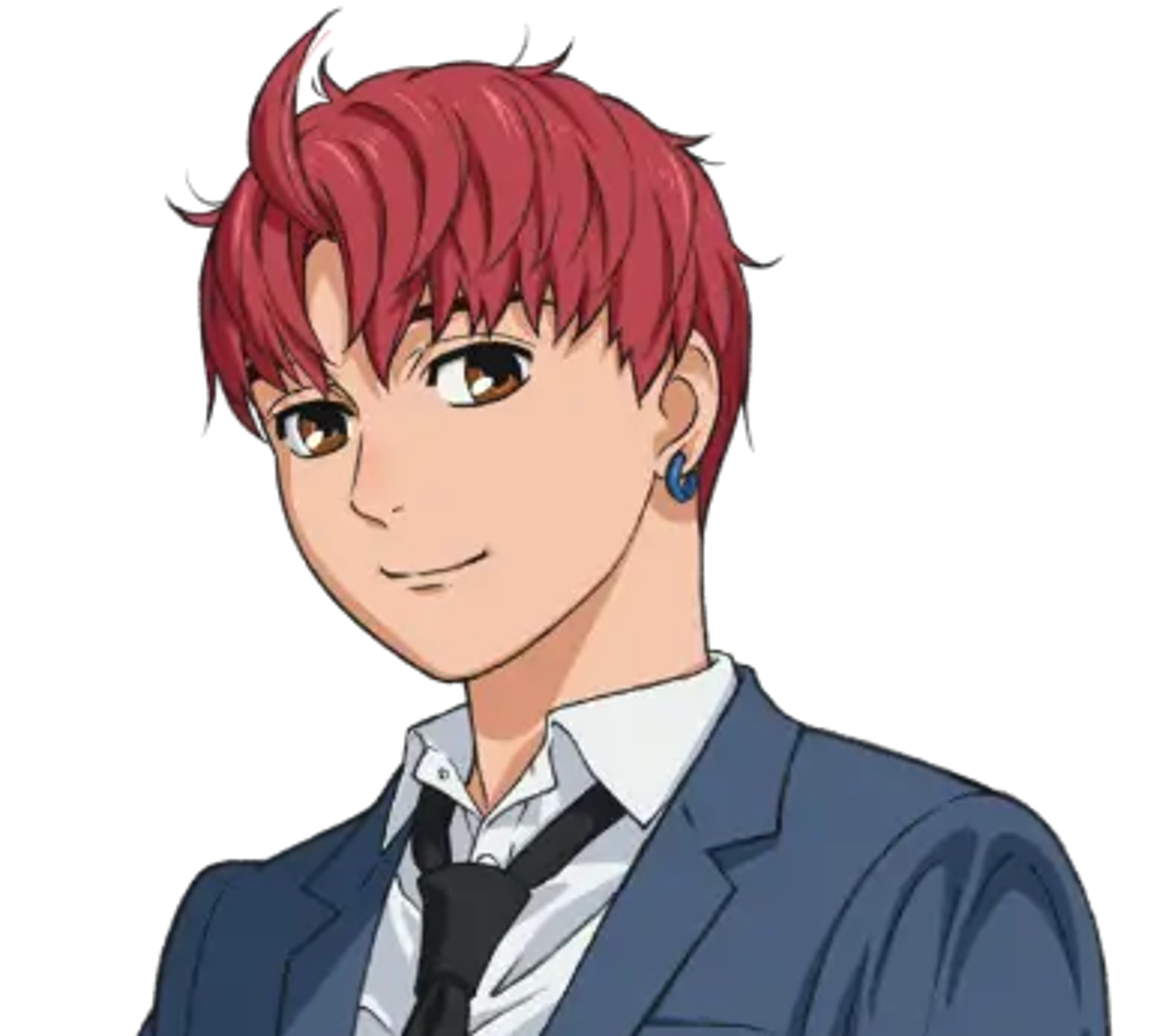 A young man with short red-brown hair and brown eyes, wearing a suit and smiling expressively.
