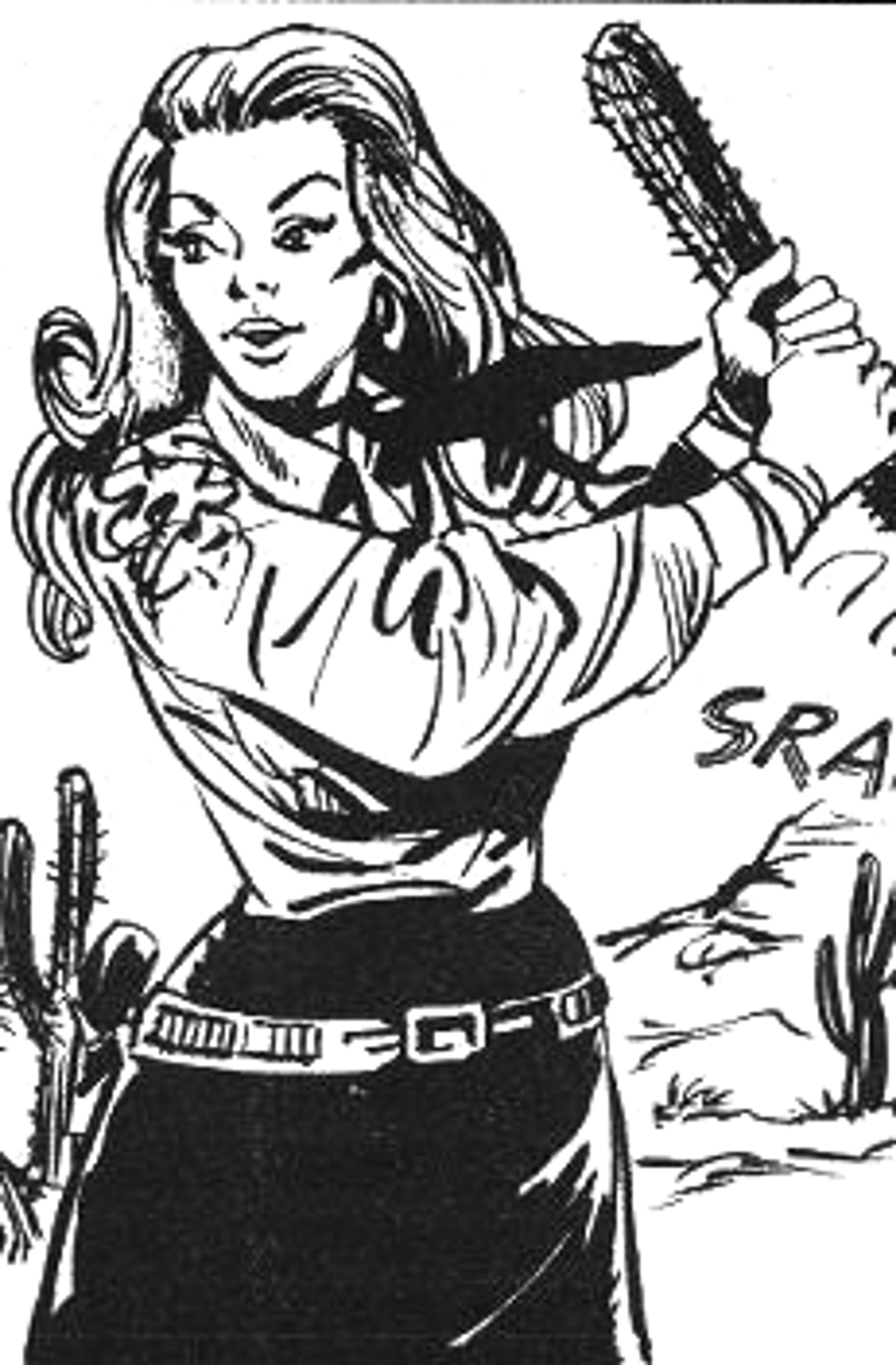 A woman with a stern expression, dressed in frontier-style clothing, standing in a desert setting.