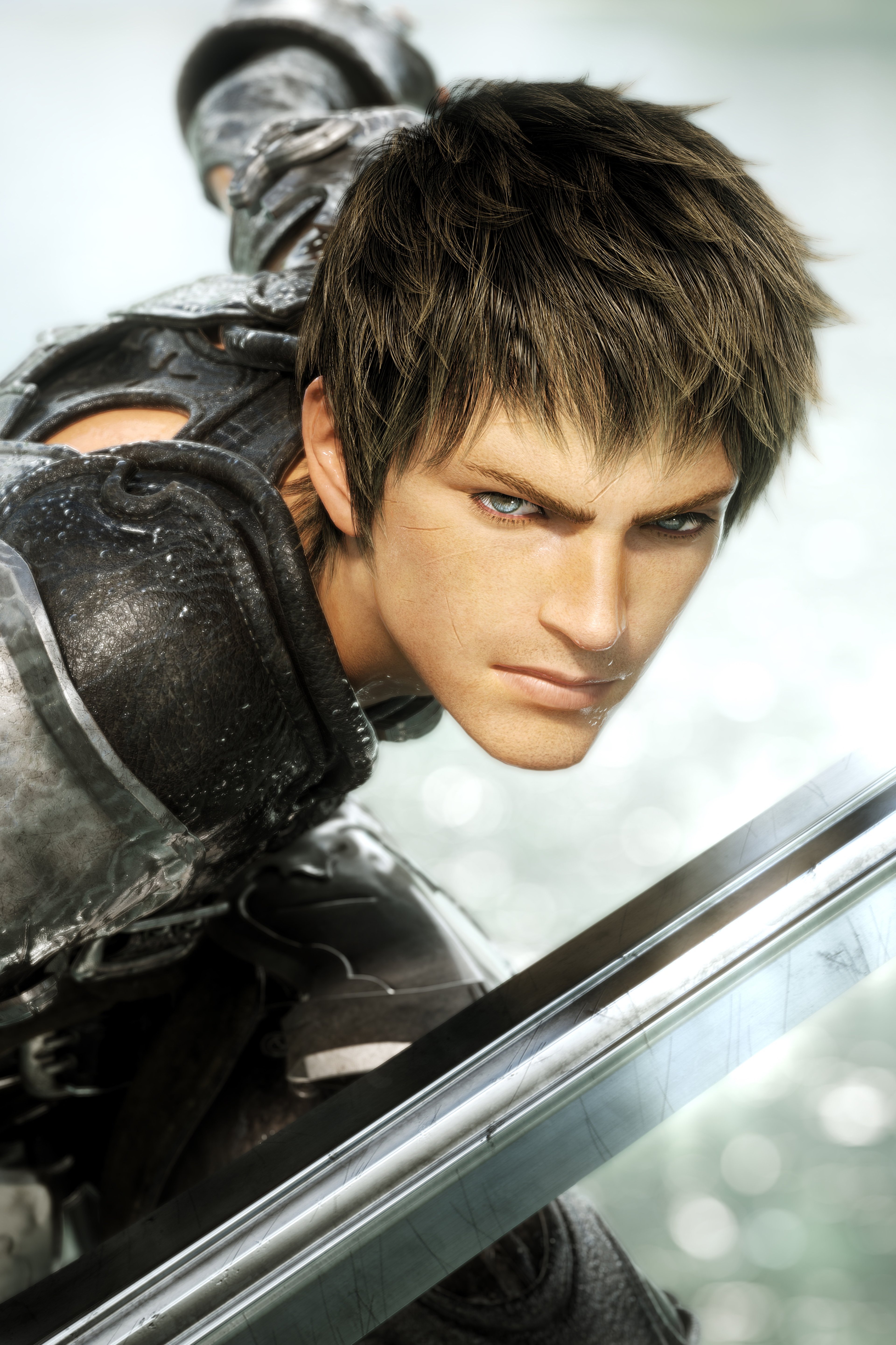 A young man in a black outfit with armor-like elements, holding a weapon or tool and with a serious expression on his face.