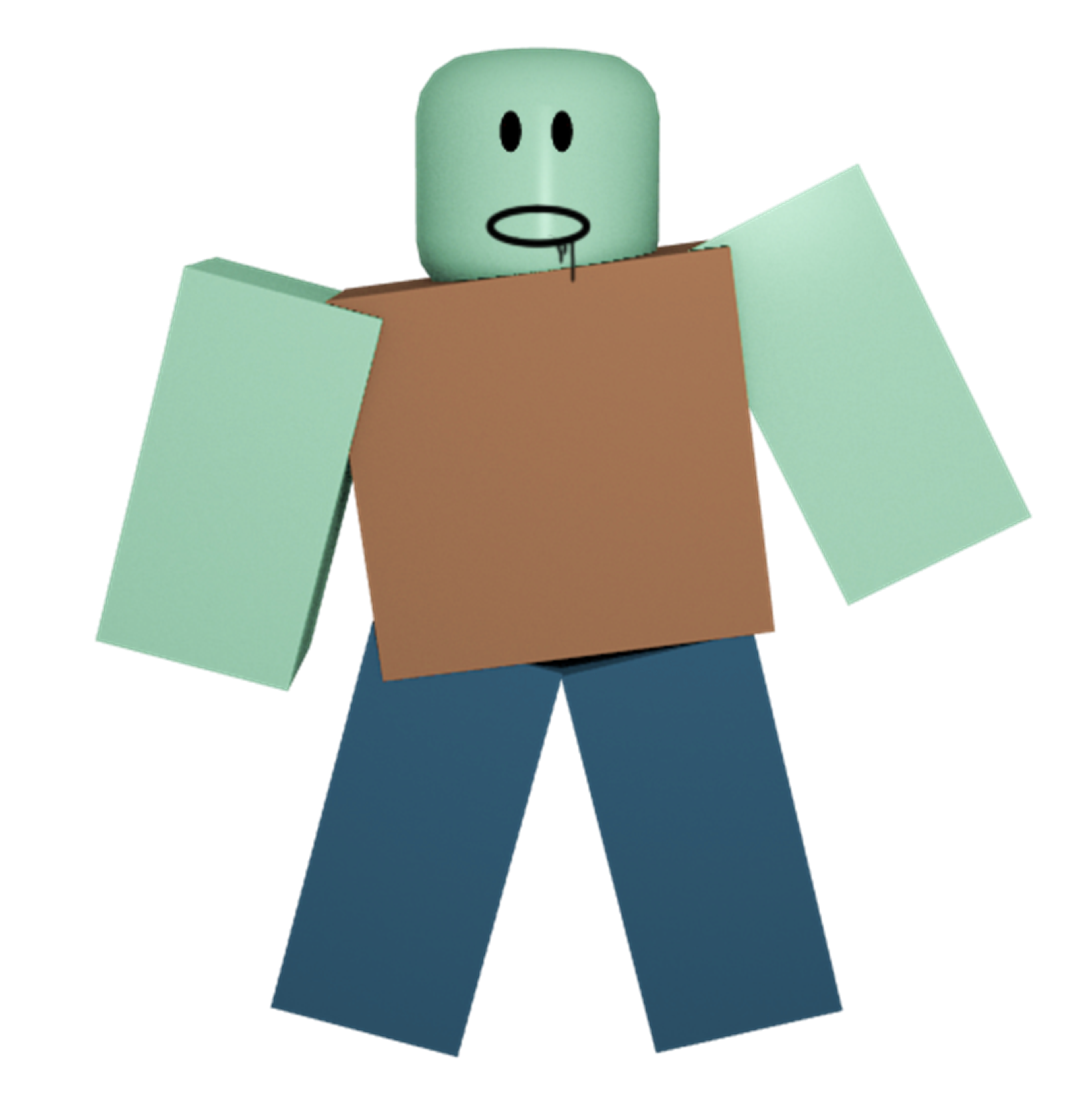 A cartoon-style character with a green head and a brown and blue outfit.