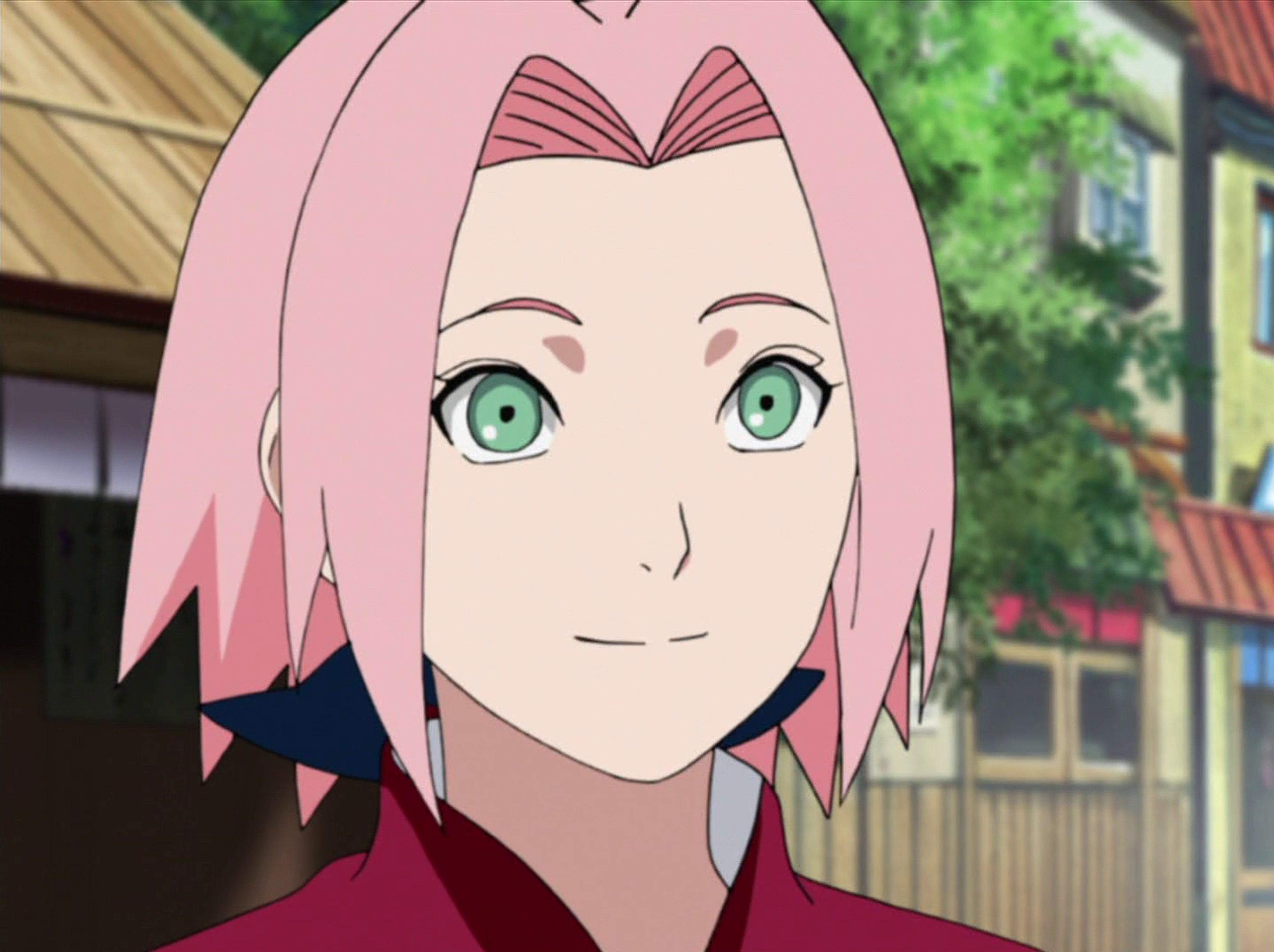 An anime-style character with pink hair and green eyes wearing a red outfit.