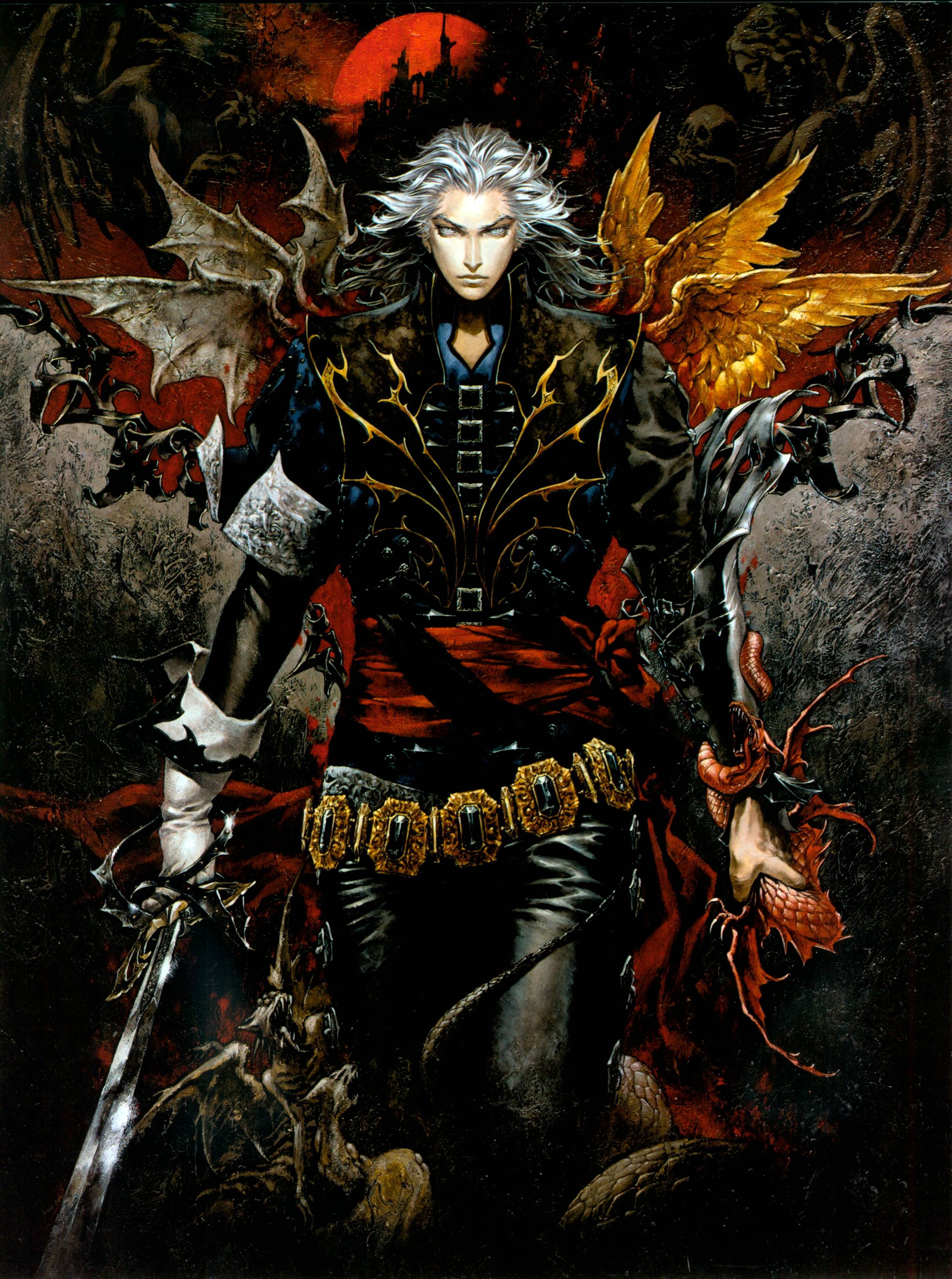 A dark, fantastical character with white hair and a pale, intense face, surrounded by demonic creatures in a dramatic, ominous scene.