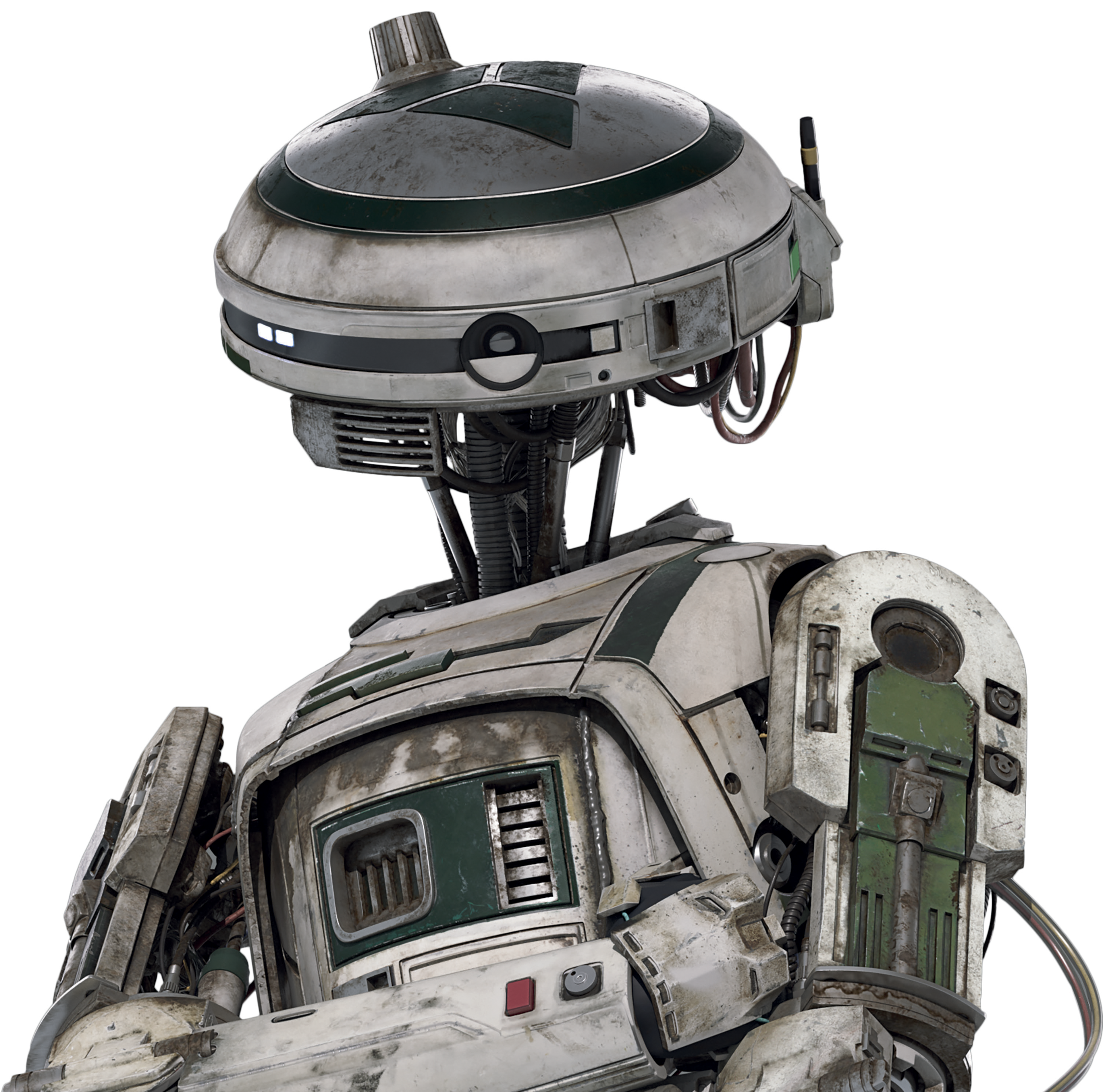 A detailed robotic character with a humanoid body and domed head