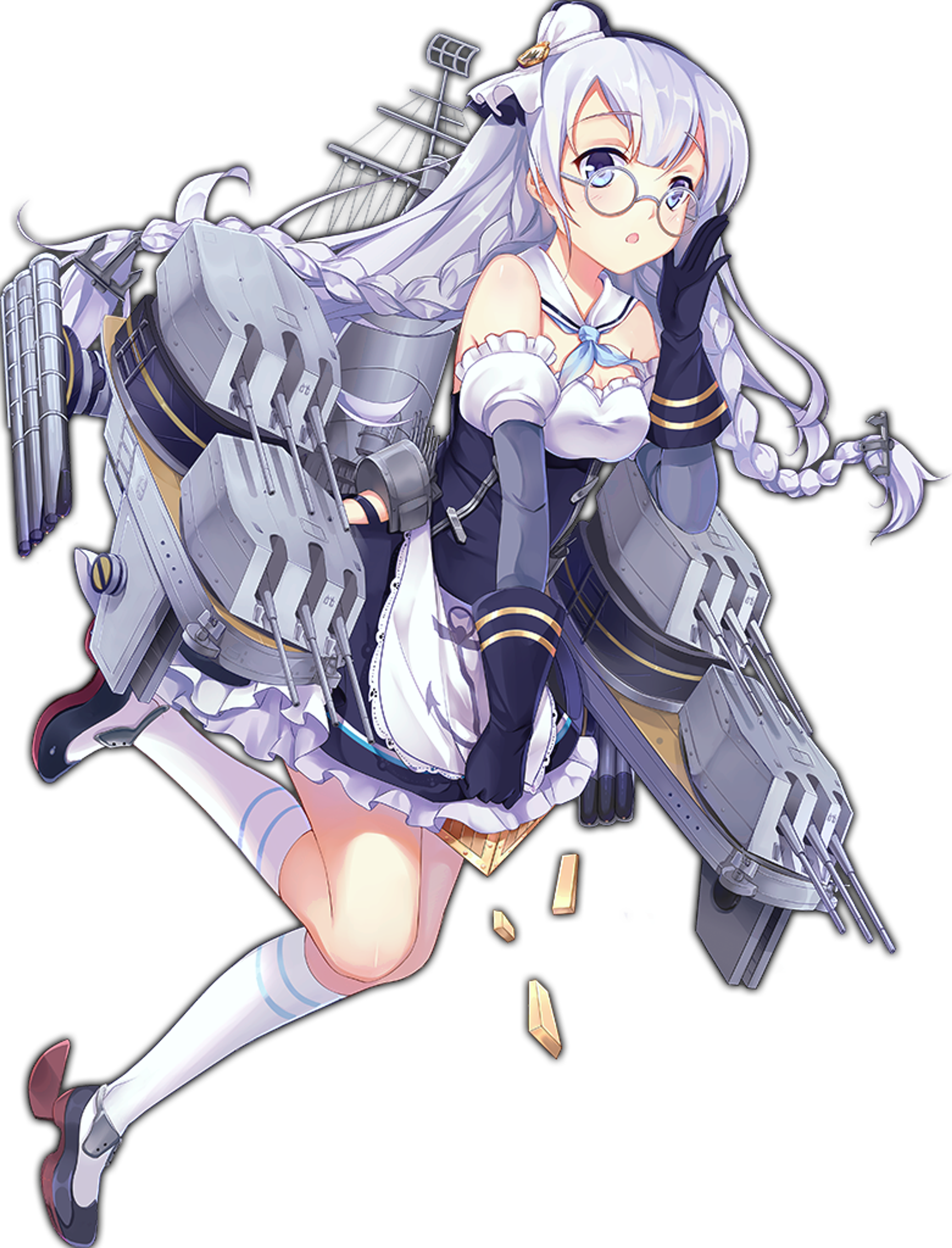 An anime-style character with light-purple hair wearing a maid-style dress and gloves, in a dynamic pose.