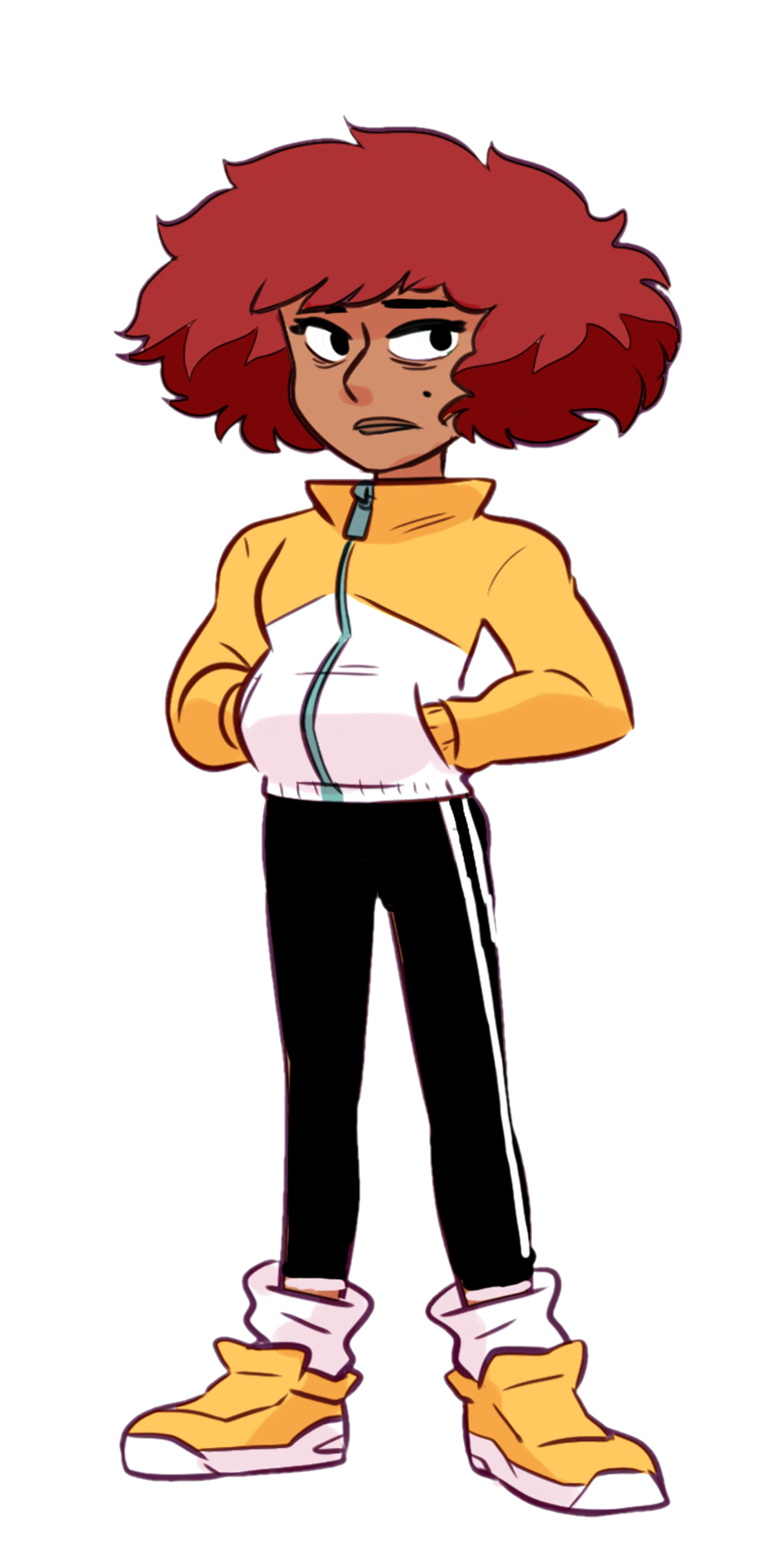 An anime-style character with red hair, a beauty mark, and bandaged hands