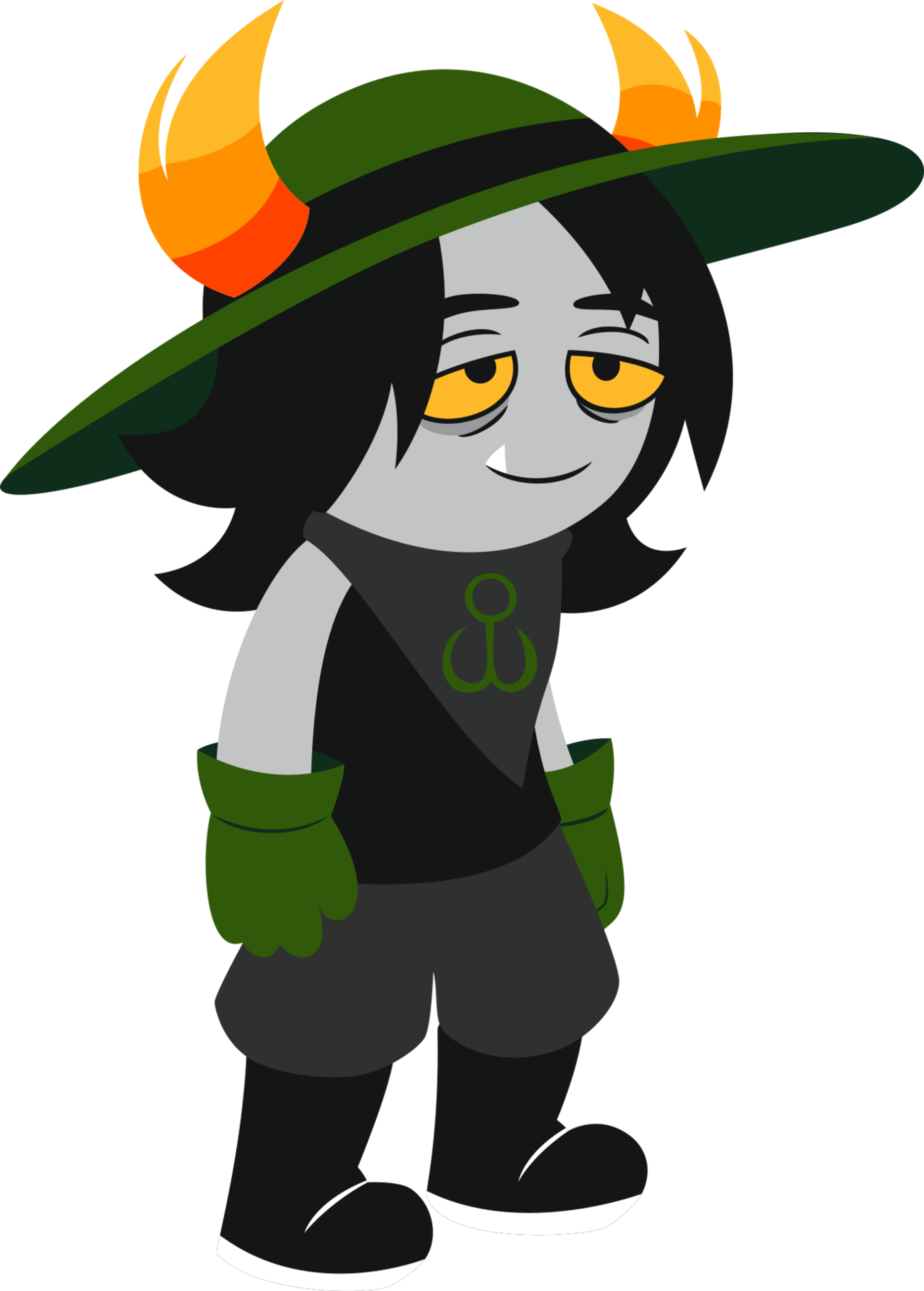 A cartoon character with black hair wearing a green hat and black outfit with green accents.