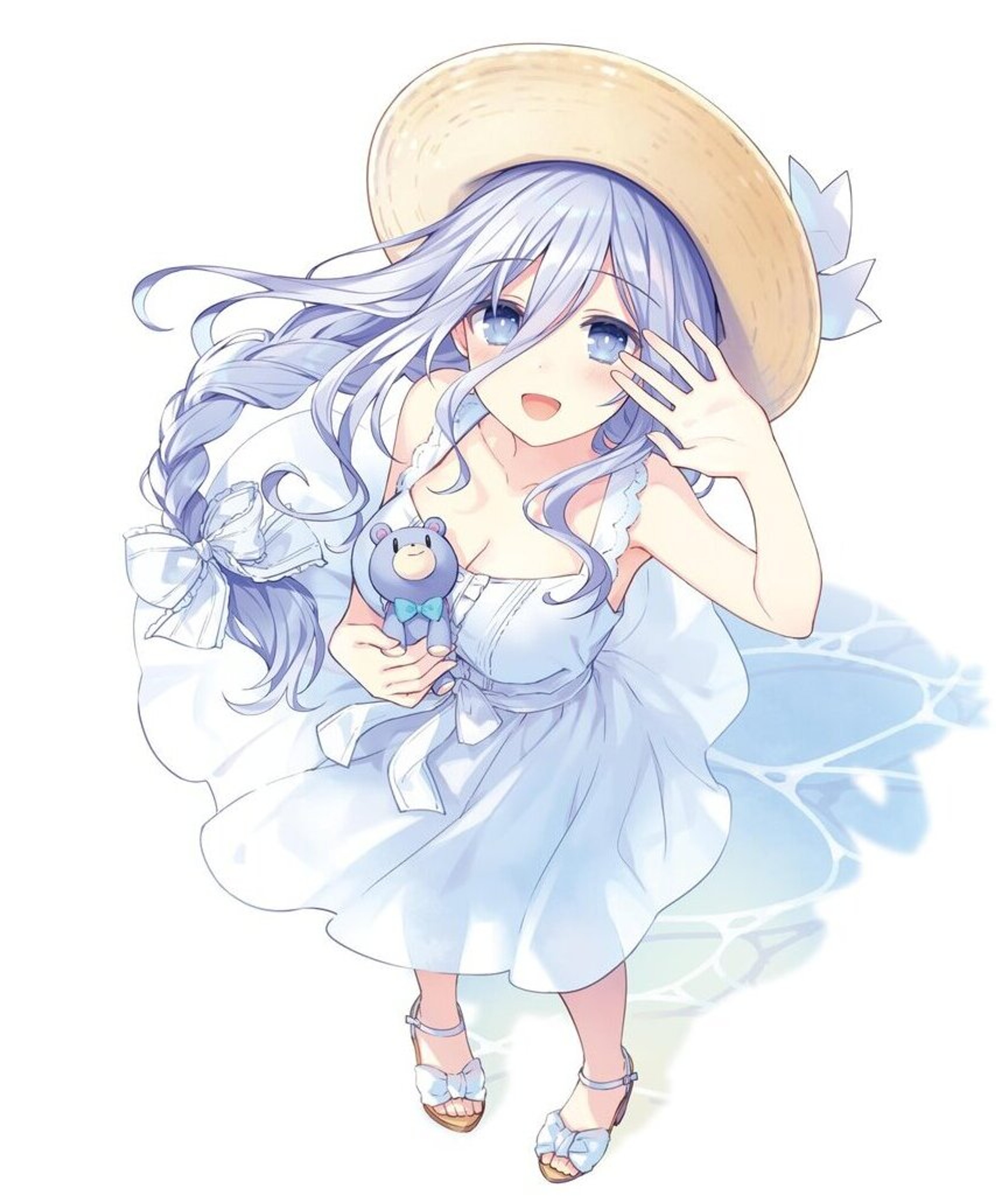 An anime-style character with light blue hair and a halo-like accessory, wearing a flowing white dress in a serene, pastel-colored landscape.