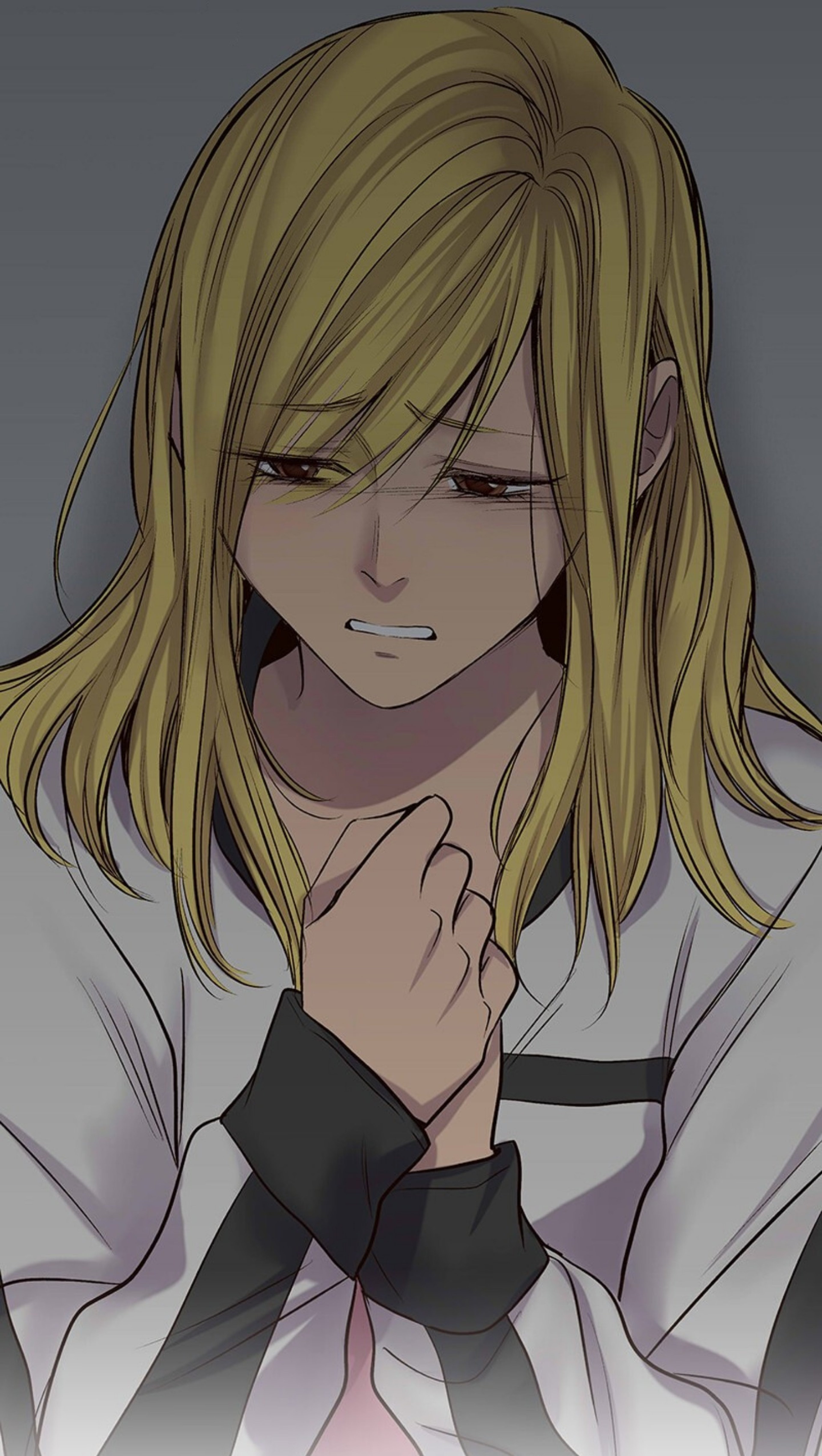 A young woman with long blonde hair and a serious expression