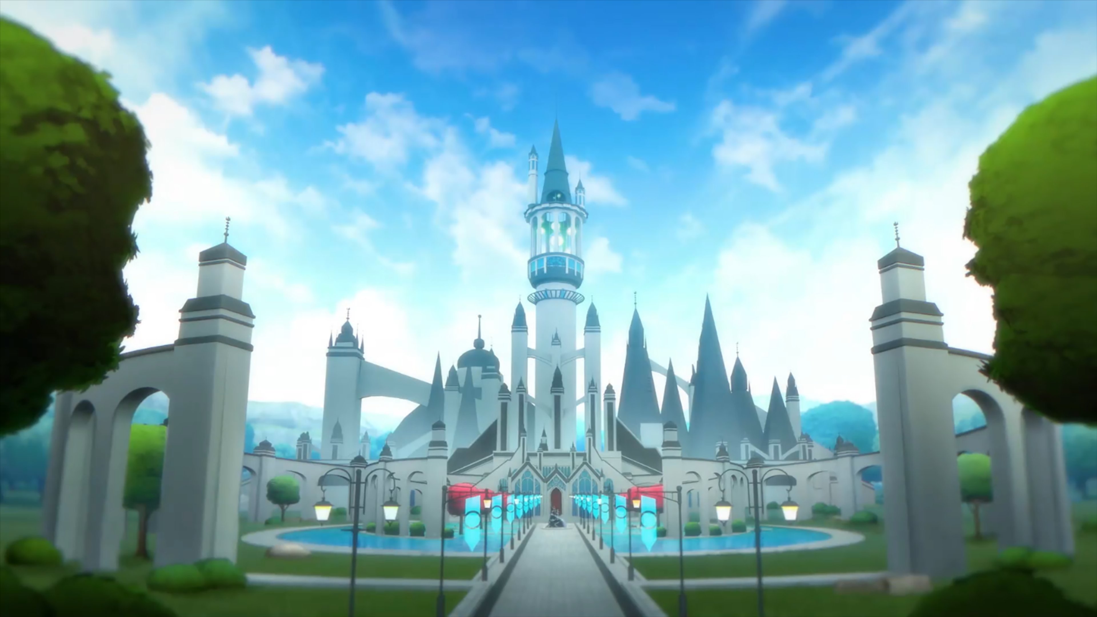 A detailed fantasy castle with multiple towers and ornate architecture, set against a bright blue sky.