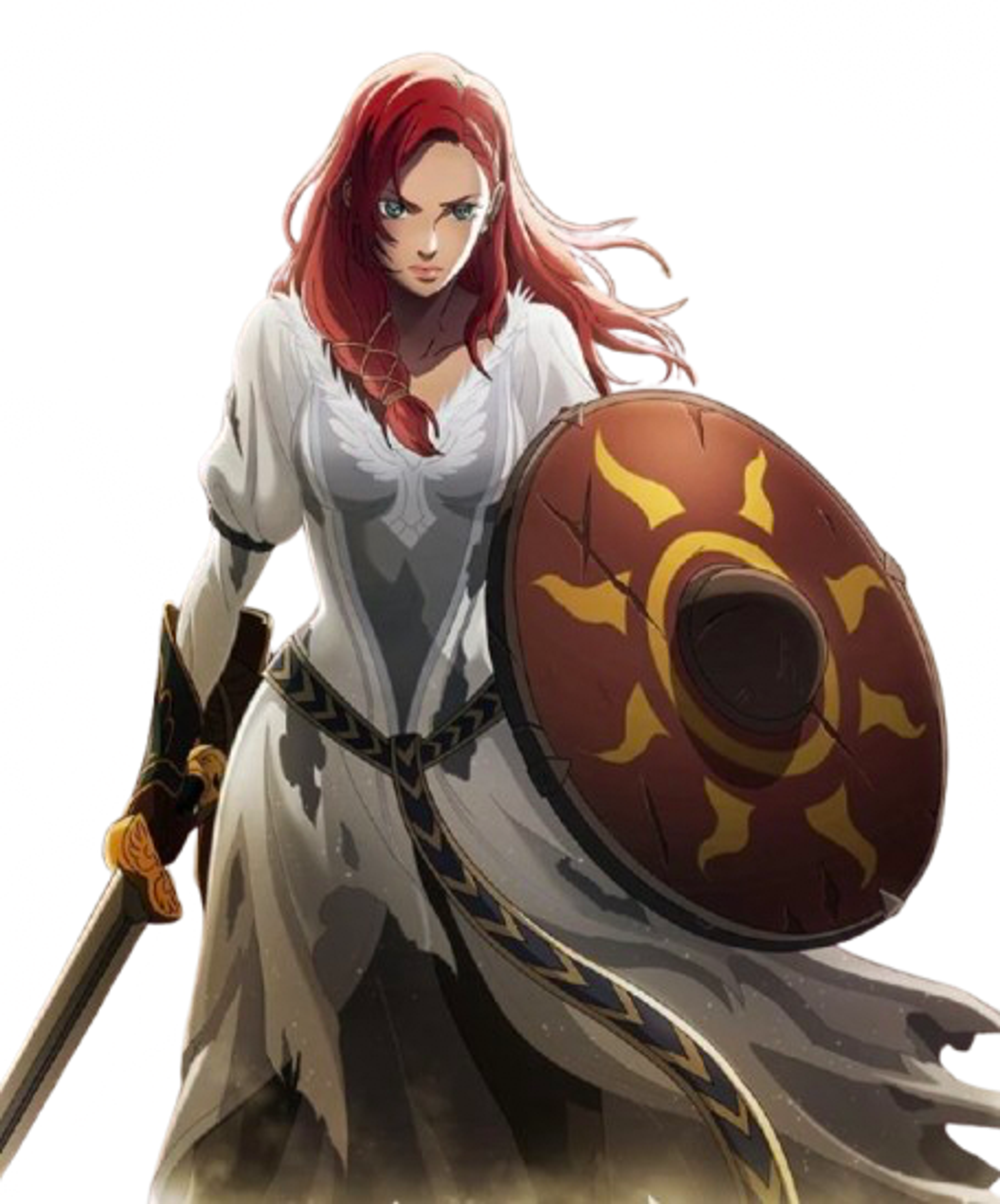 A young woman with red hair wearing a white dress and holding a large shield with a sun-like symbol on it.