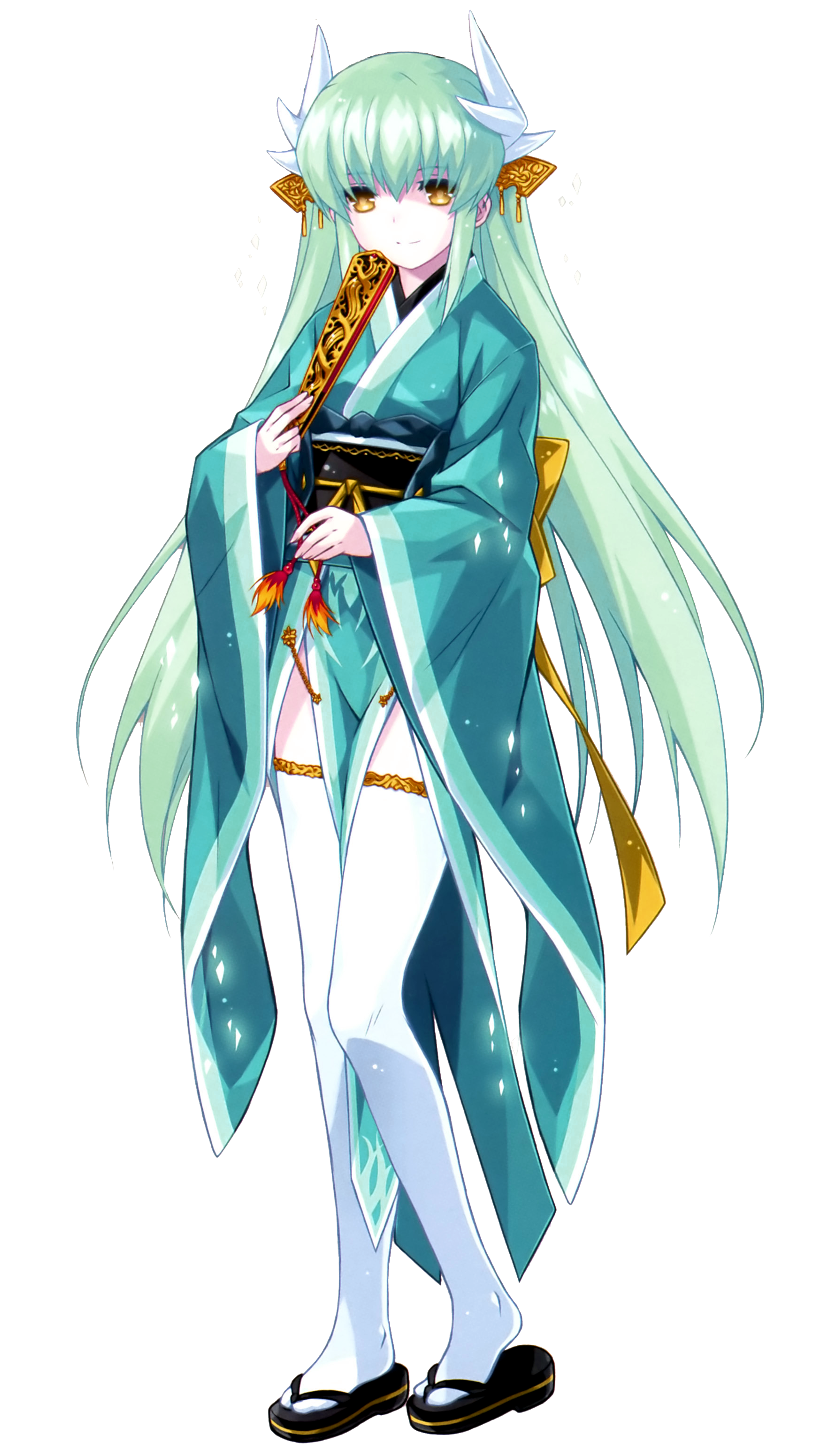 A young woman with long mint green hair wearing a traditional Japanese-style outfit