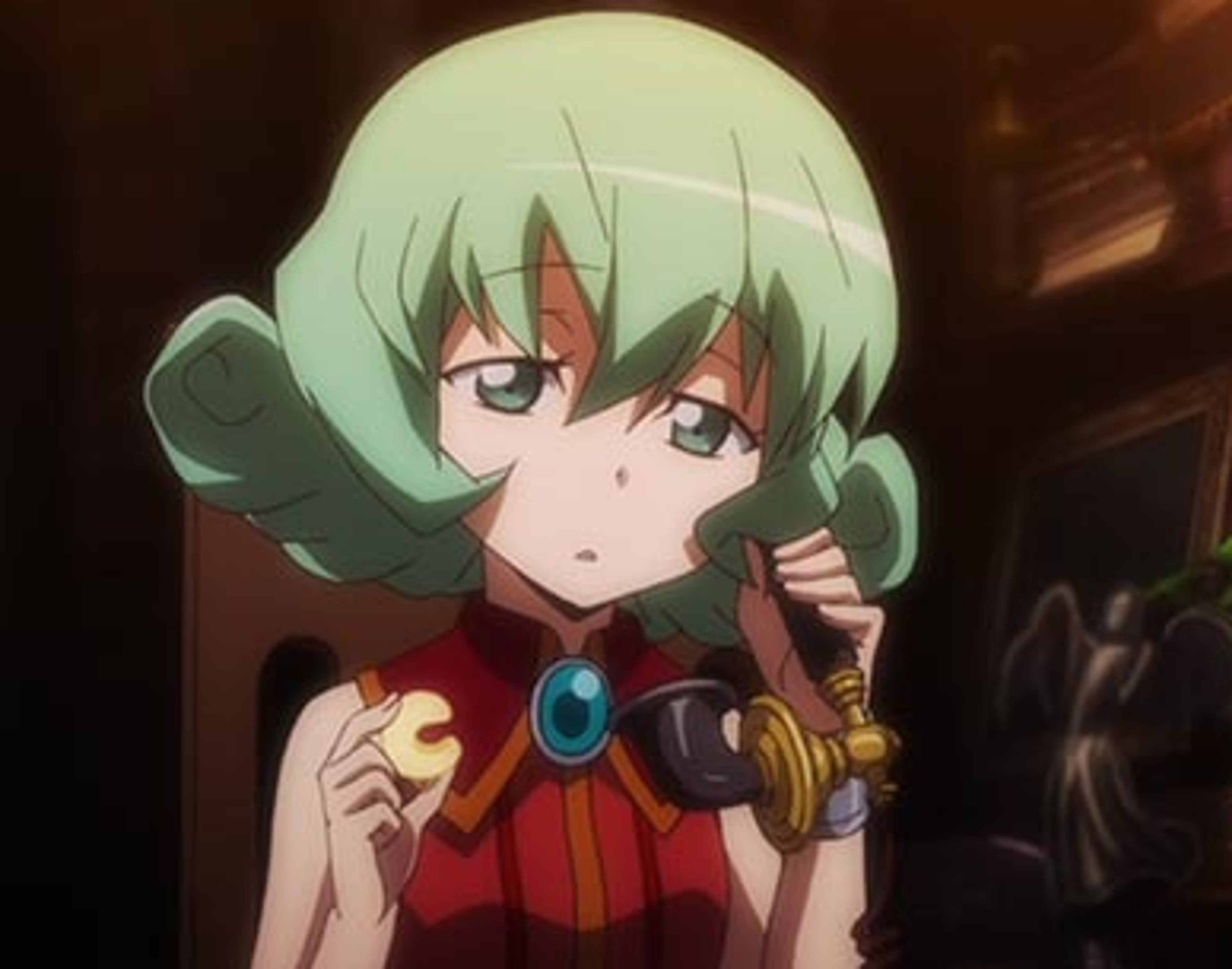 An anime-style character with green twin-tailed hair, wearing a red and gold outfit and holding a magical staff.