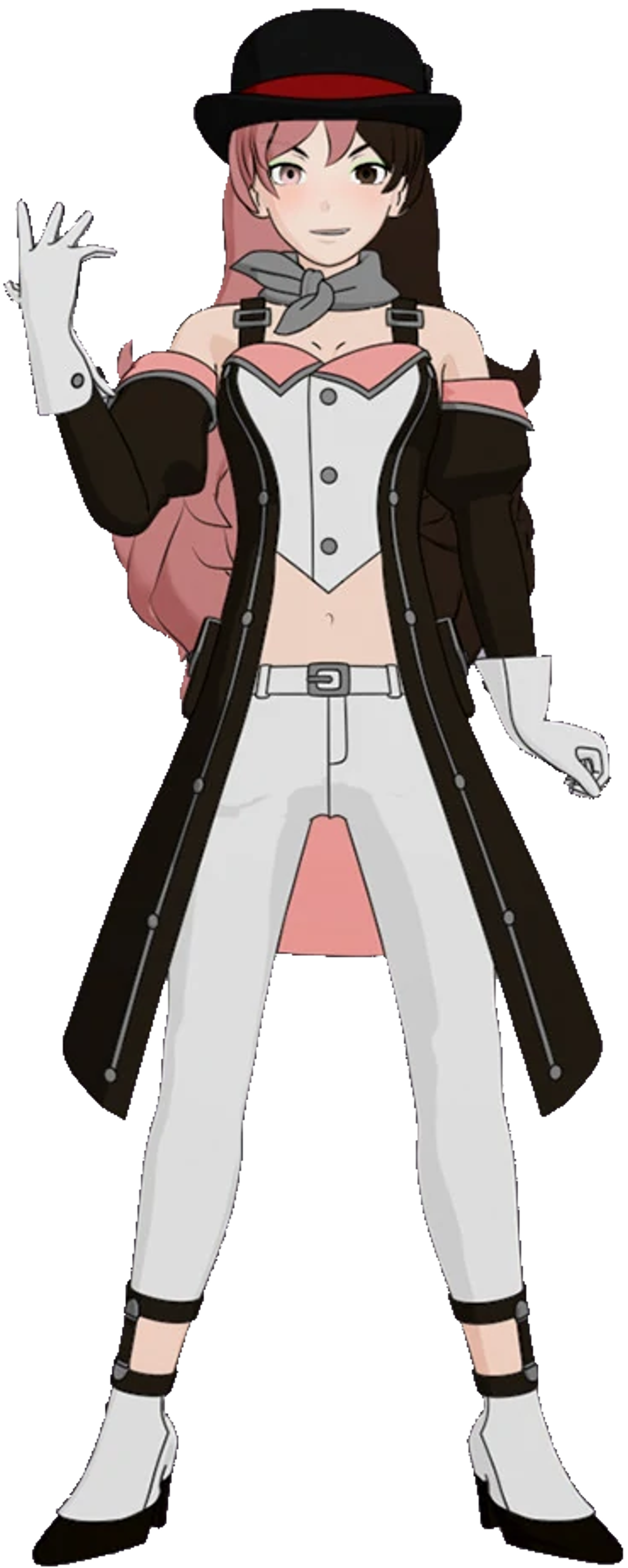 An anime-style character with multicolored hair and heterochromic eyes, wearing a white and pink outfit with a black coat.