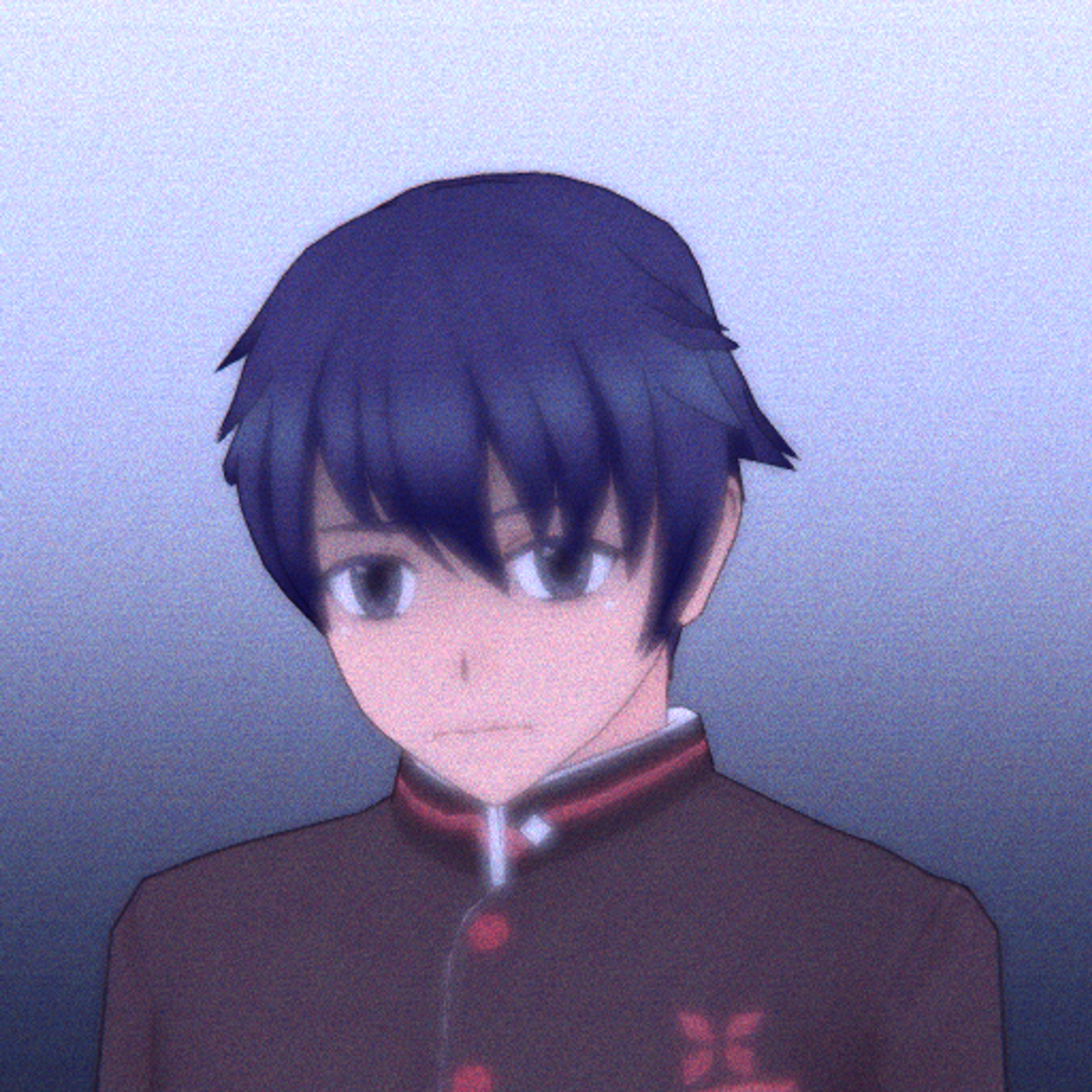 A timid high school student with blueish-black hair and shadowed dark gray eyes, wearing a 1980s school uniform with a Teru Teru Bozu charm.