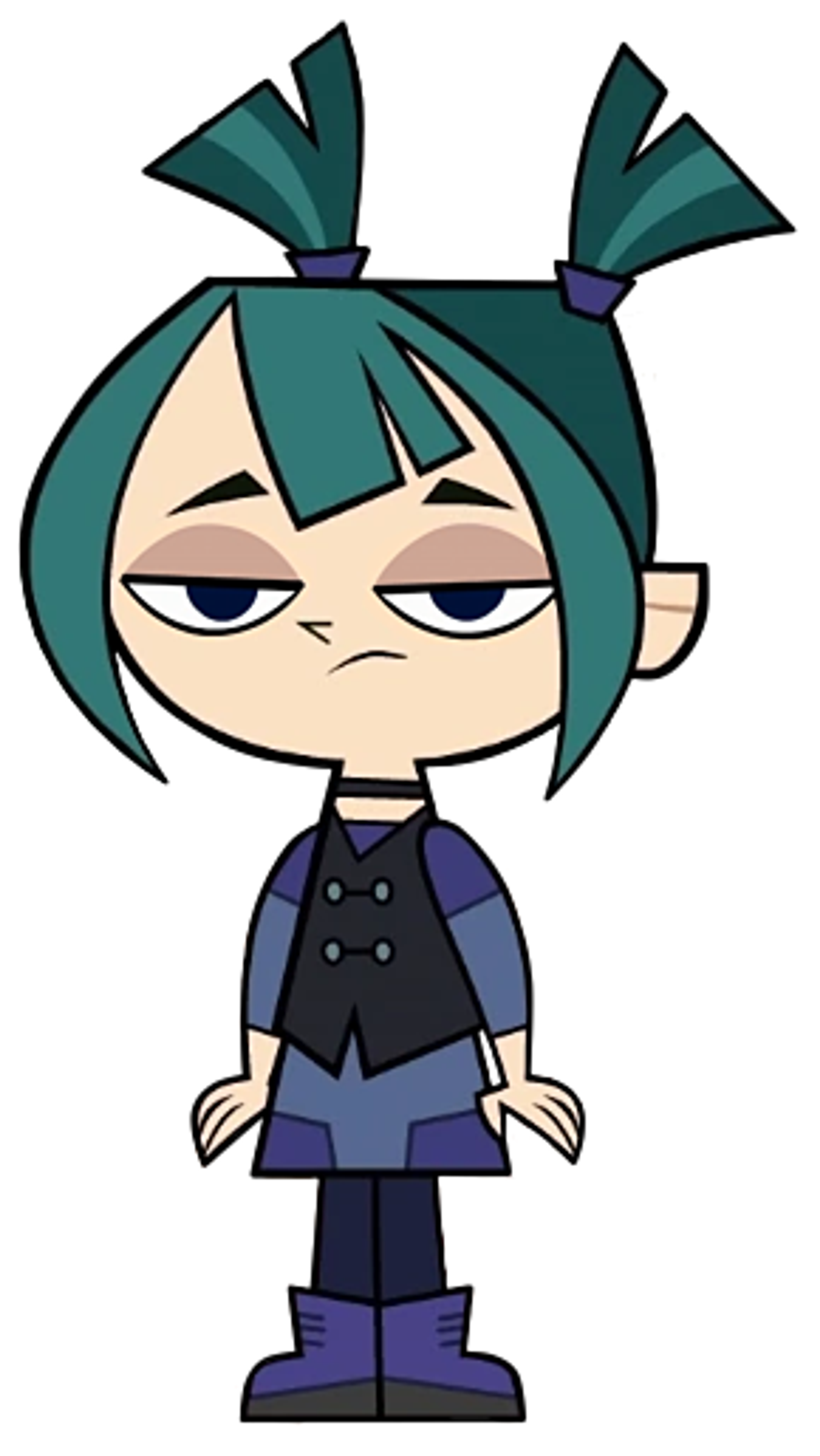 A cartoon character with blue hair in pigtails, wearing a black suit jacket and purple pants, with a sarcastic expression.