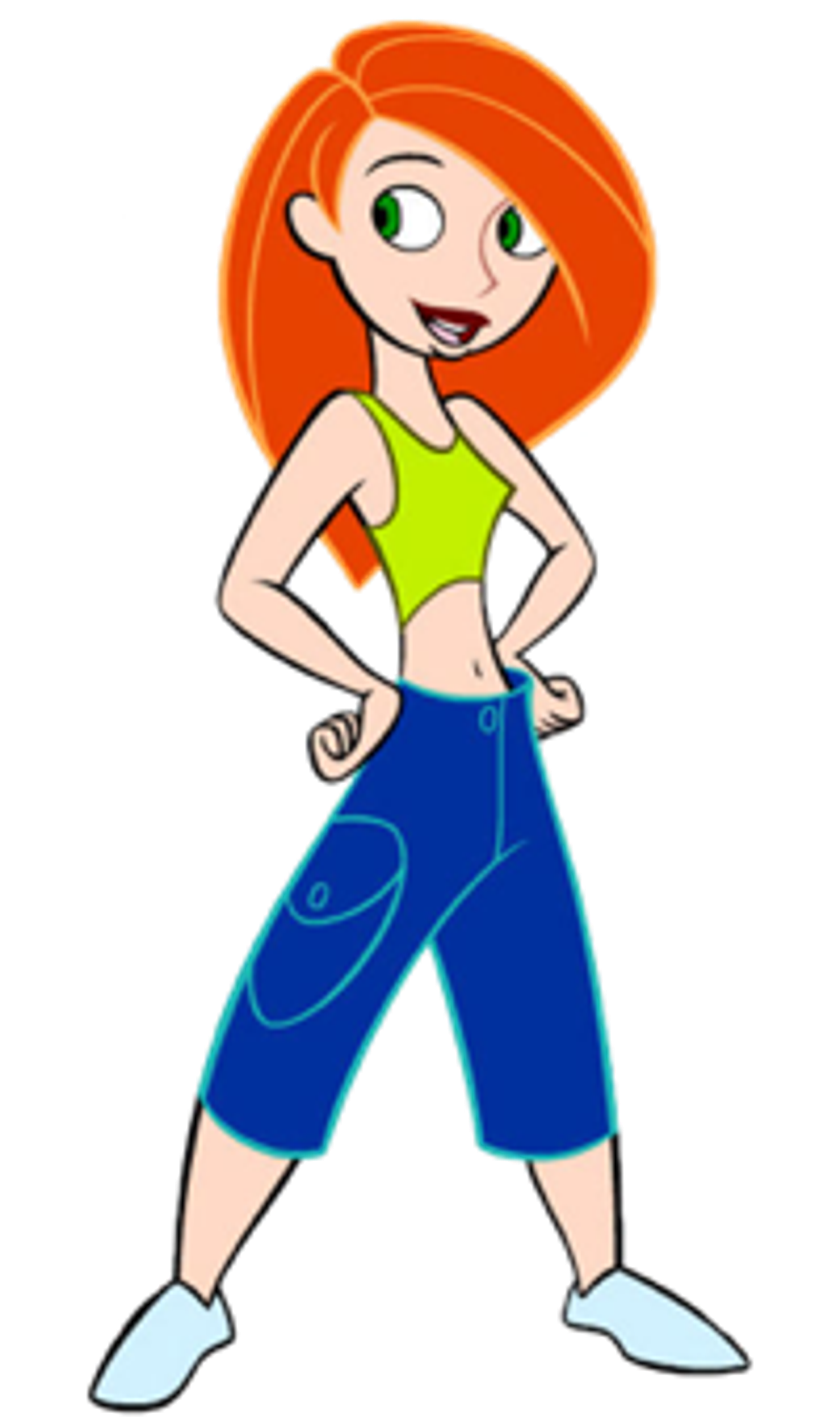 An animated character of a confident, athletic teenage girl with red hair in a ponytail, wearing a green crop top and blue shorts.