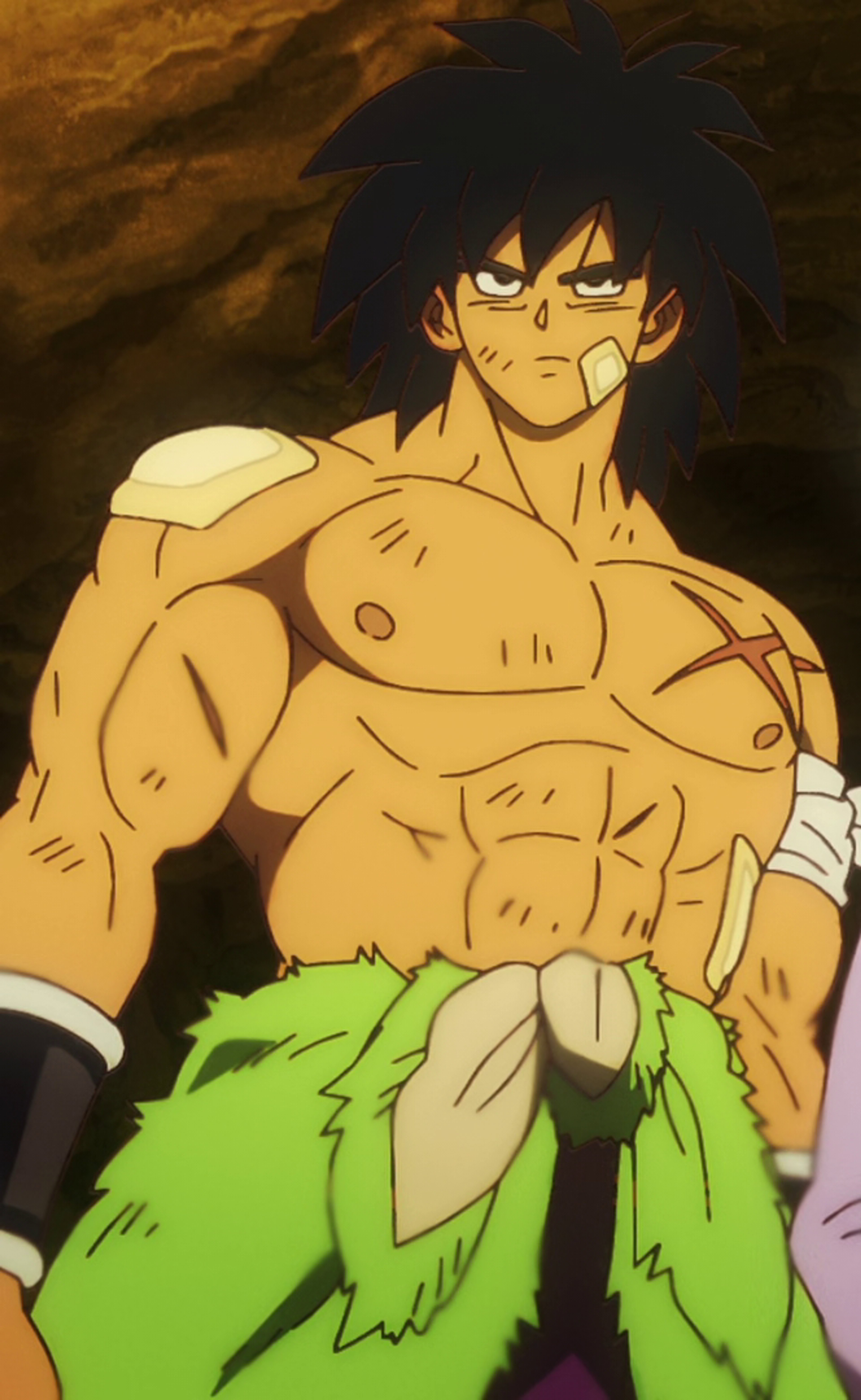 A muscular, shirtless male character with spiky black hair and a fierce expression