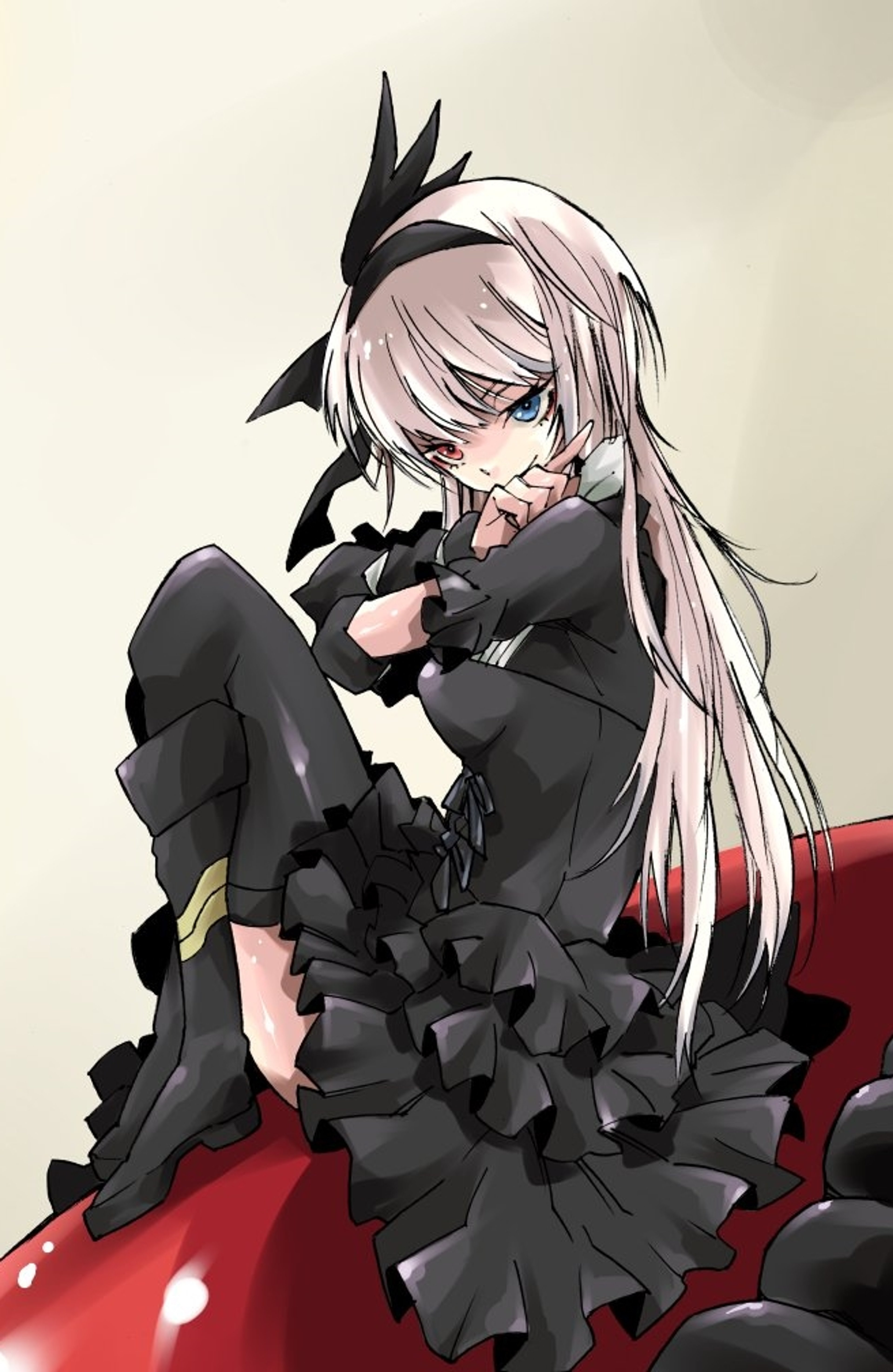 A young-looking female character with light hair and heterochromatic eyes, wearing a black ruffled dress and exuding an aura of power and authority.