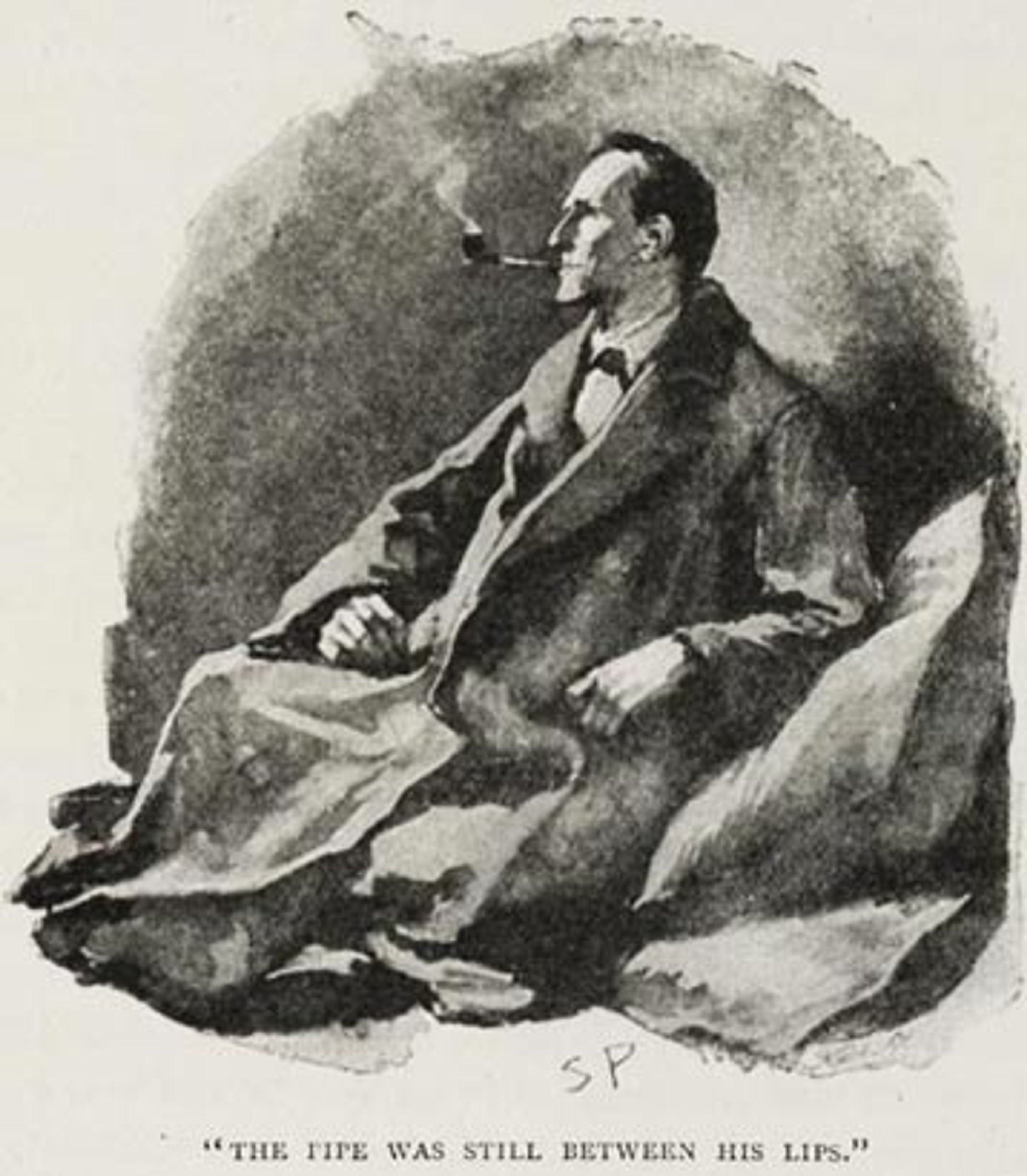 A man in a suit and tie sitting in a chair, smoking a pipe