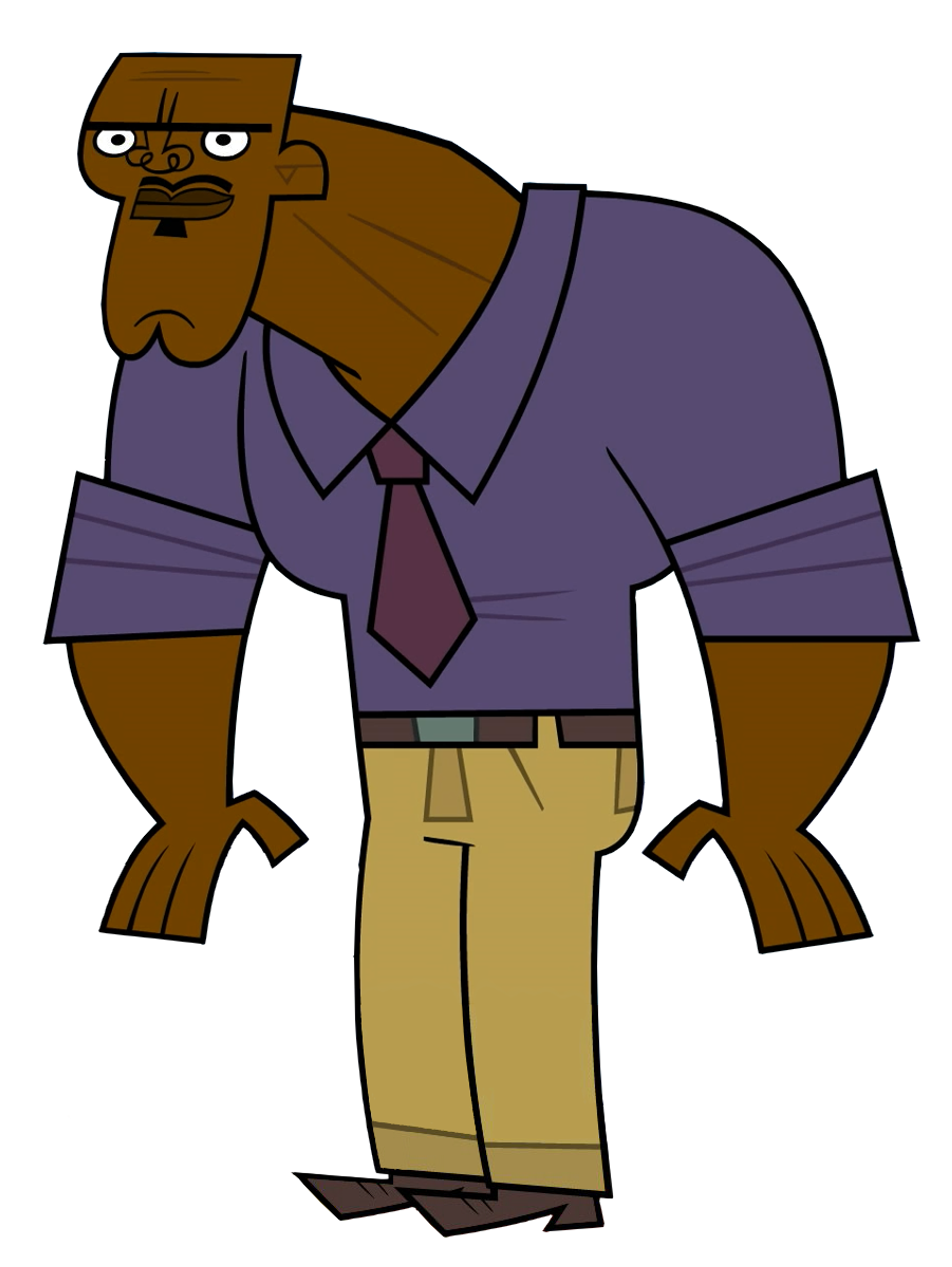 A large, muscular African American man in a purple shirt and tie with a stern expression