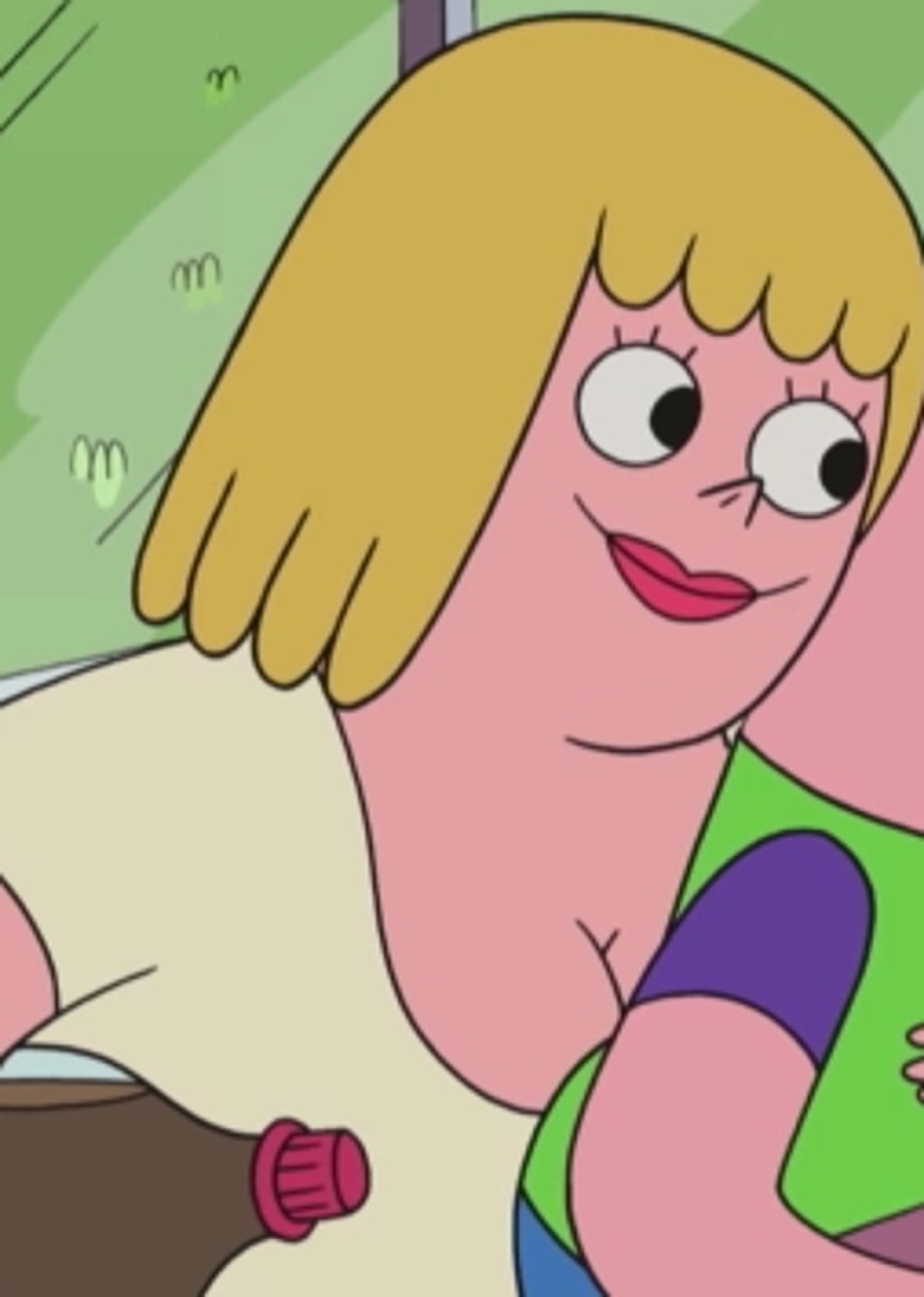 A cartoon character with blonde hair, a wide smile, and a rounded figure wearing a purple shirt or dress.