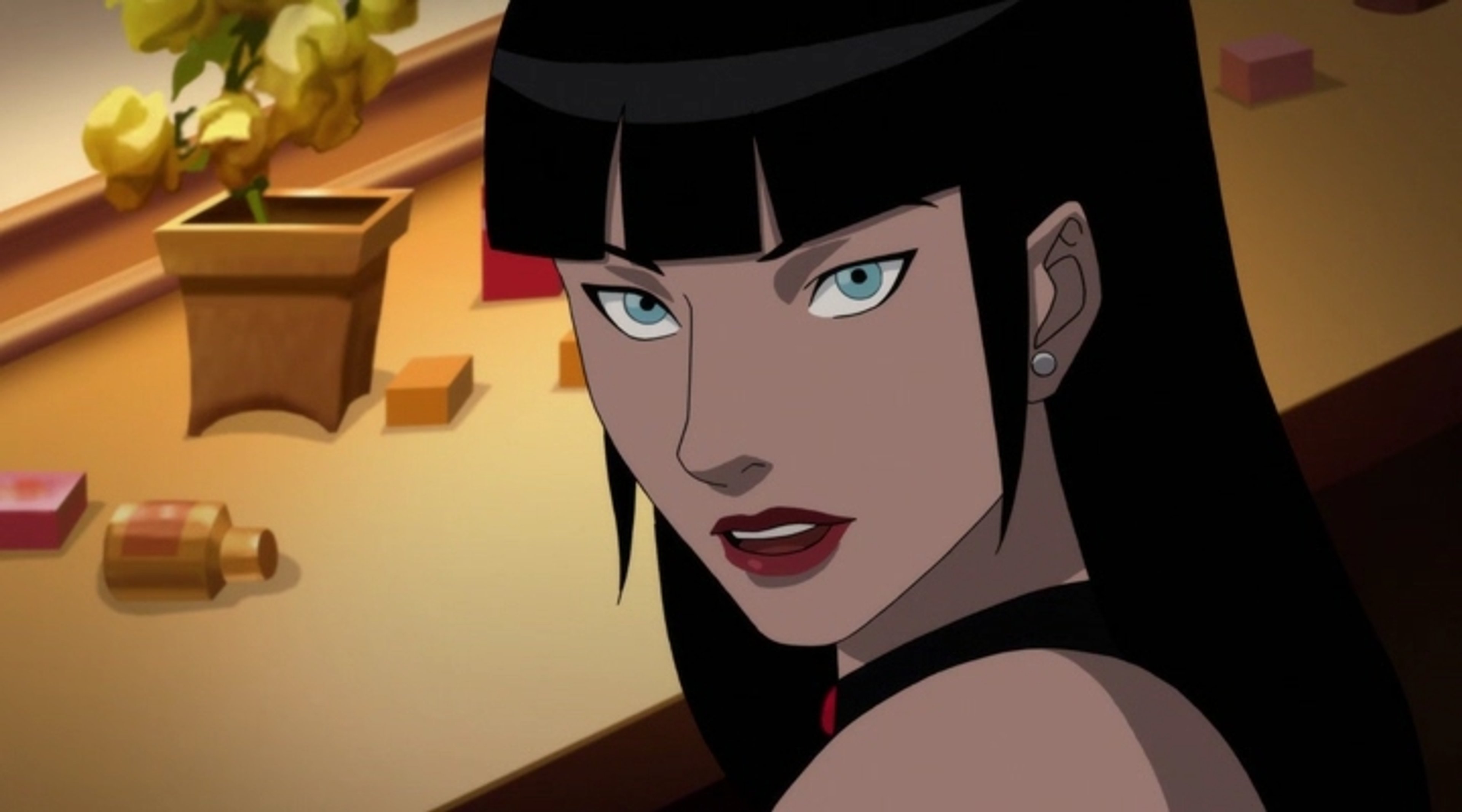 A woman with long black hair and blue eyes wearing a black outfit with a high collar and sleeveless design.