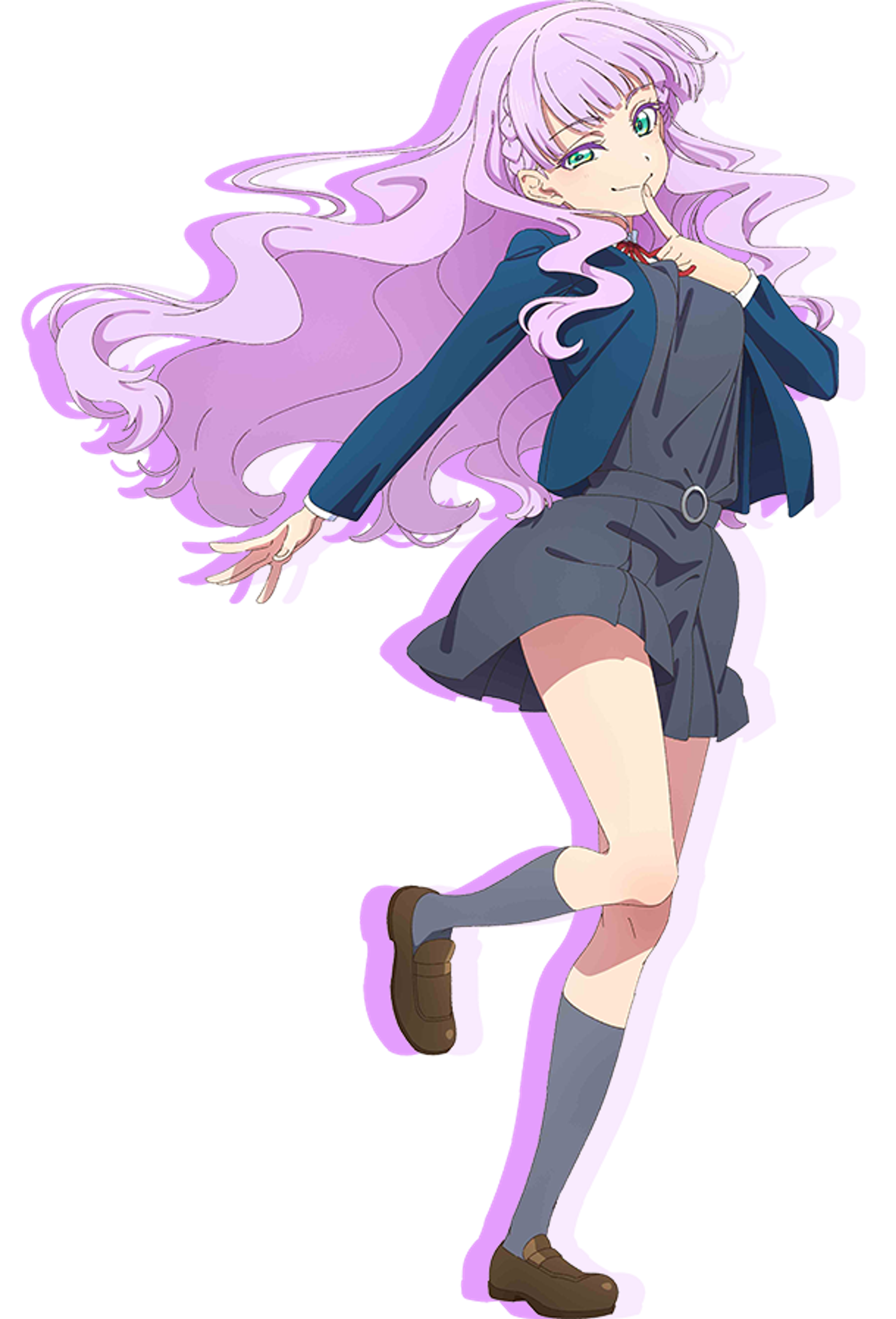 A young woman with light purple hair in a dynamic pose, wearing a dark blue jacket and skirt.