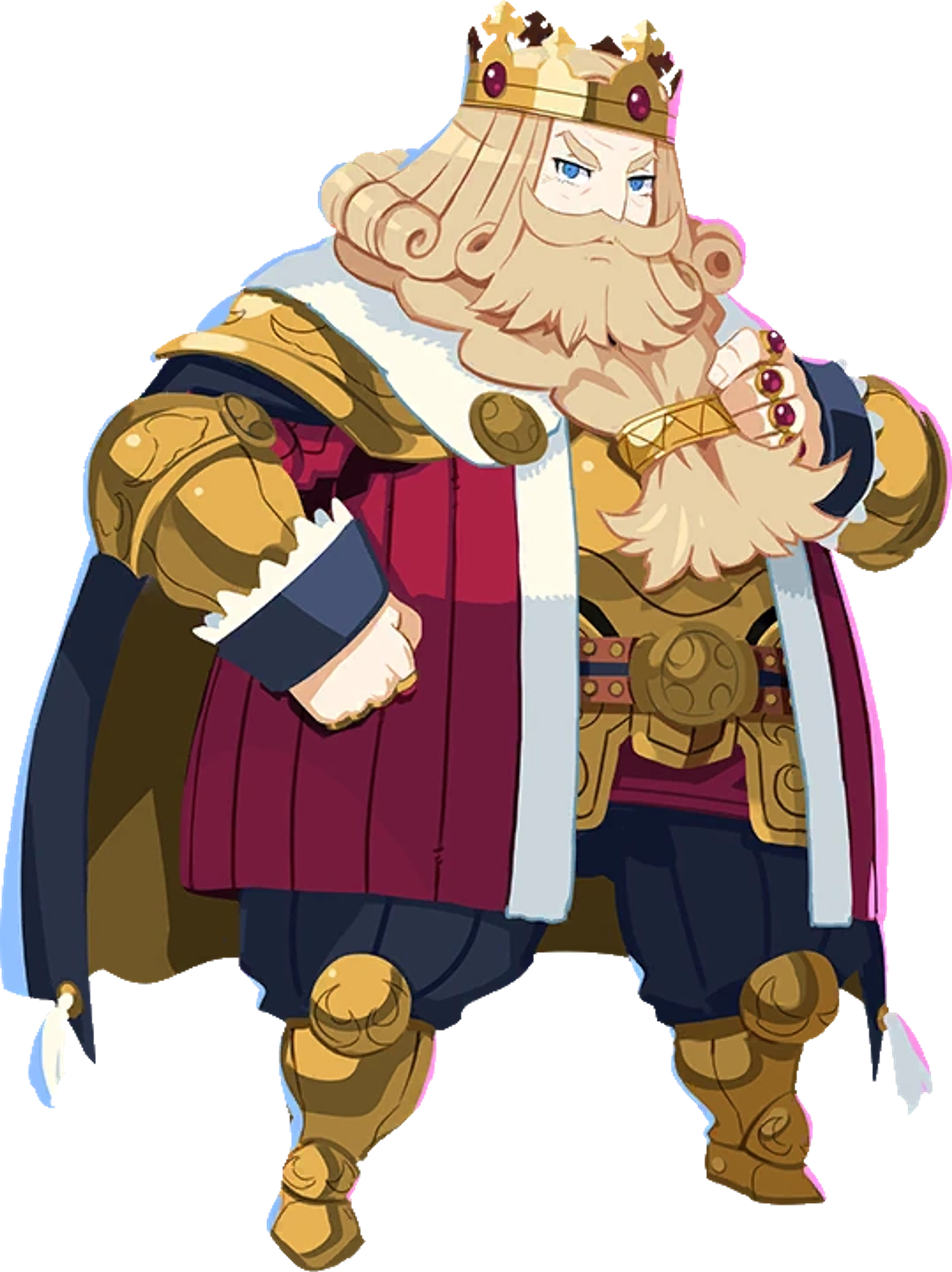 A fantastical, exaggerated human king character with a large head, distinctive beard accessory, and ornate, colorful clothing.