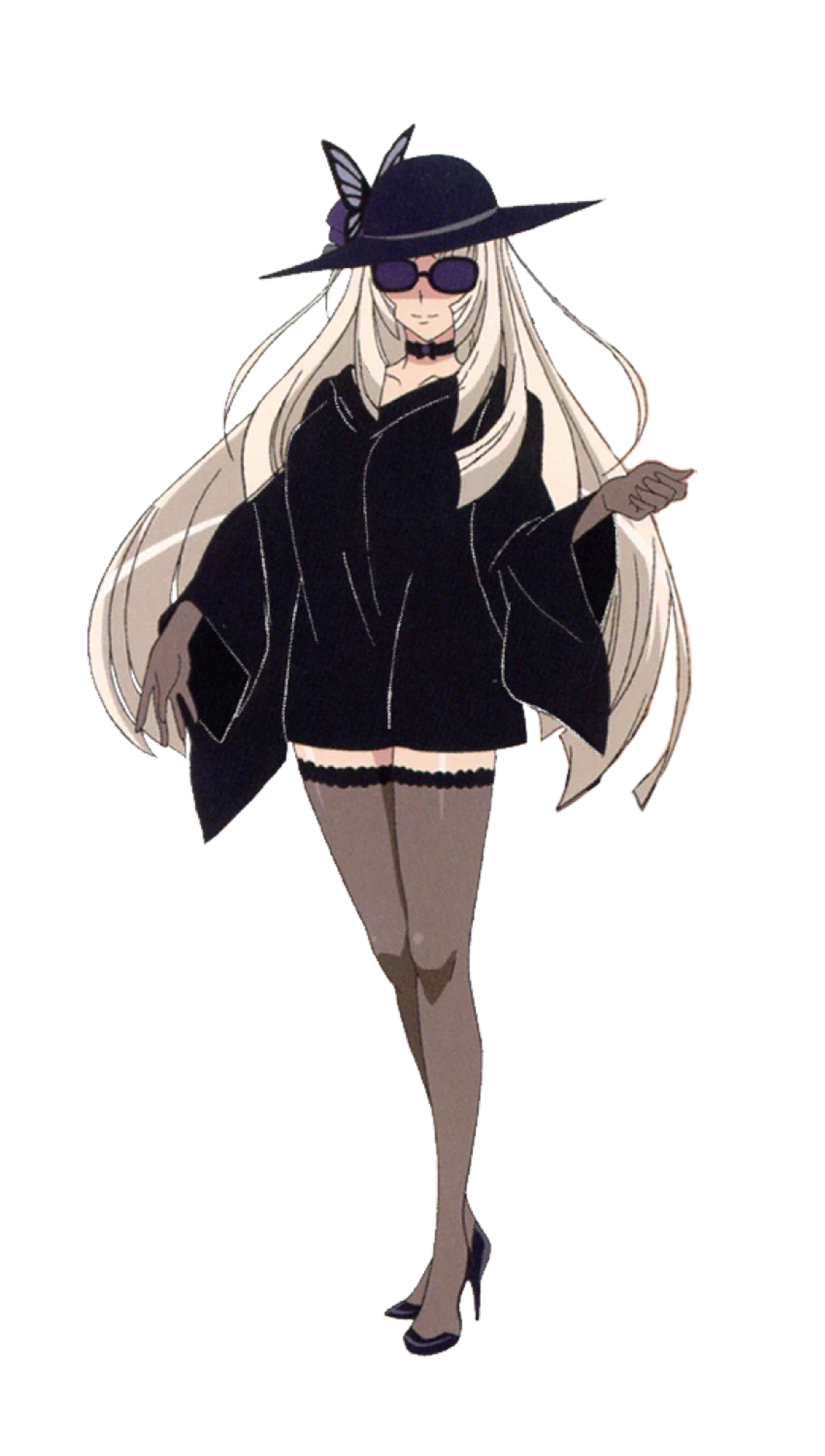 A woman with long white-blonde hair wearing a black outfit