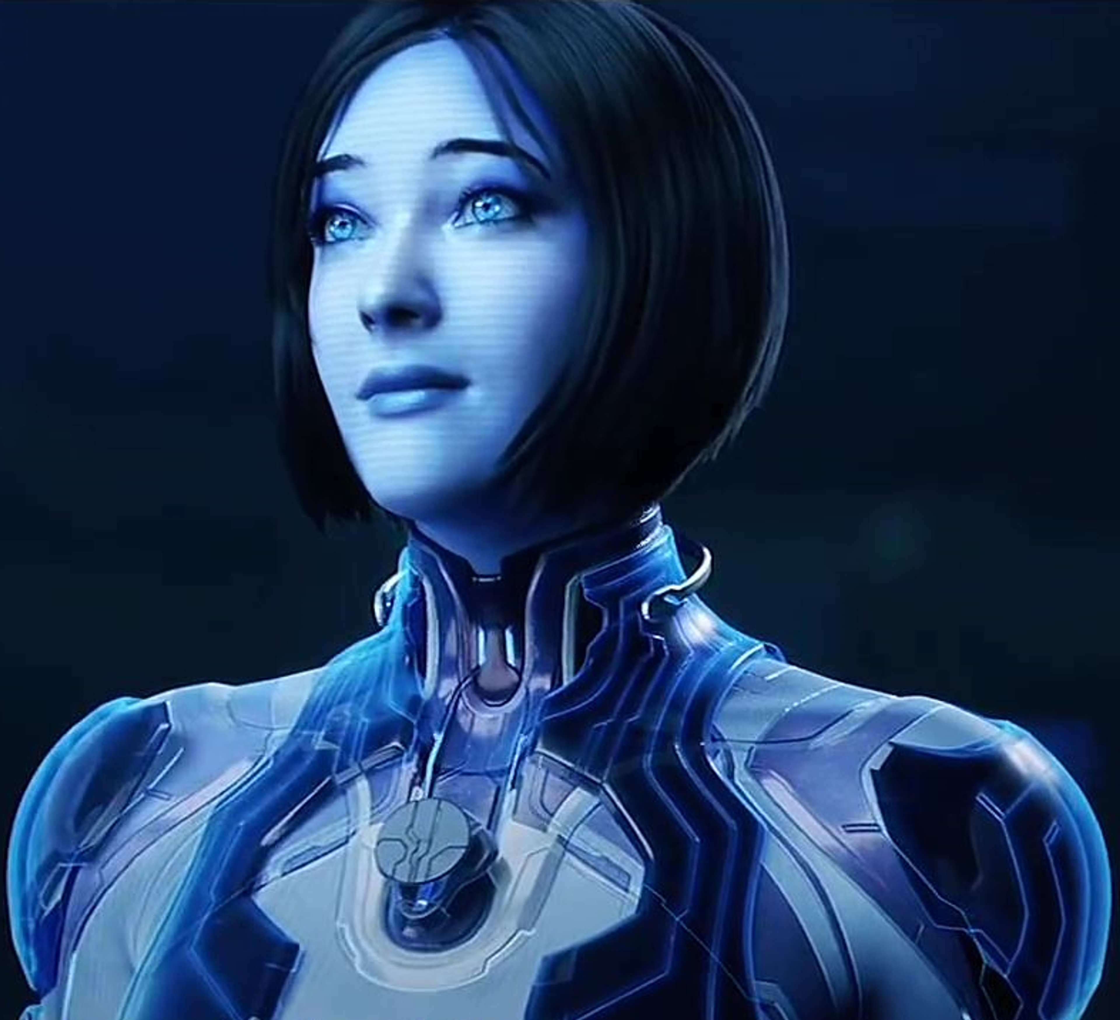 A female AI character with a holographic, digital appearance