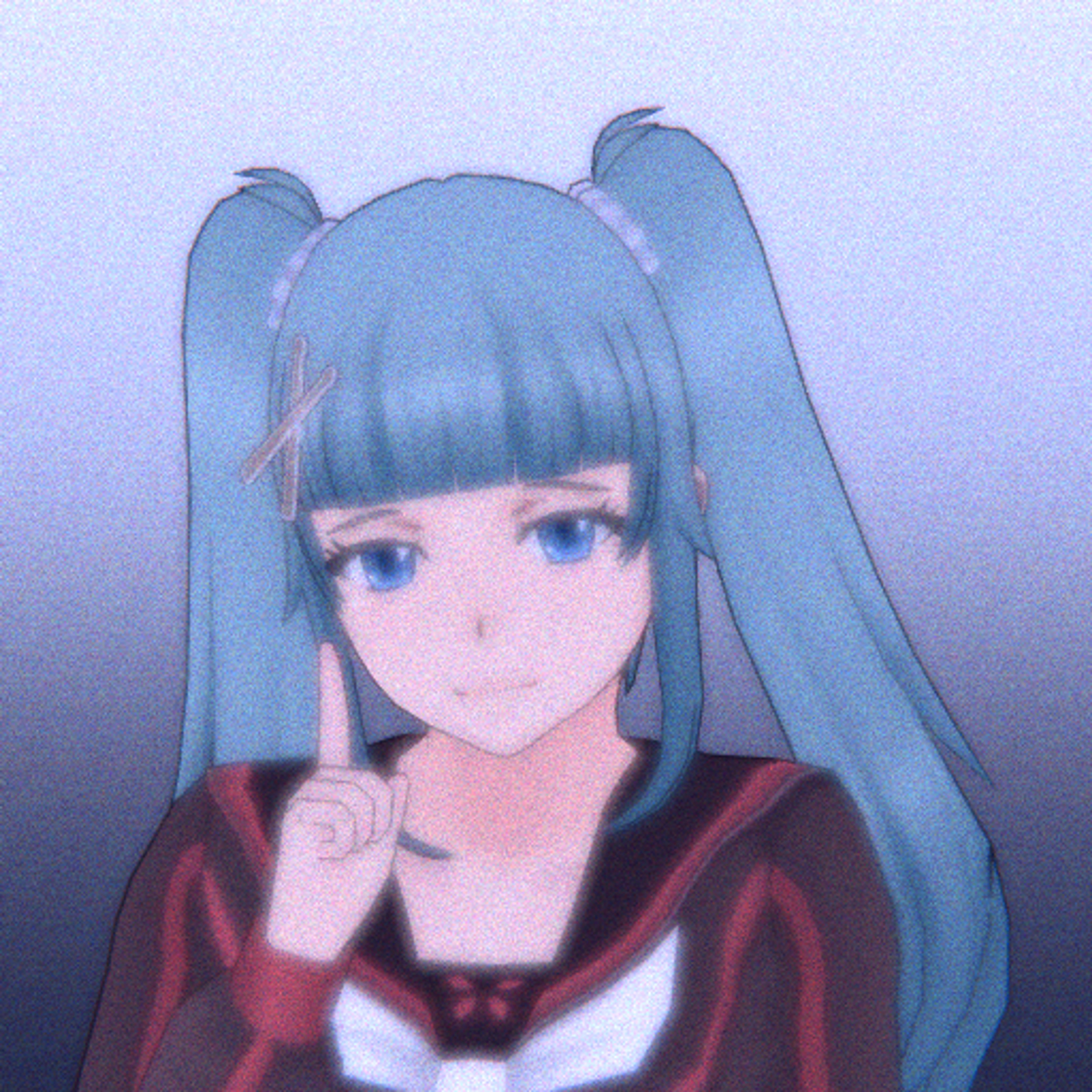 An anime-style character with light turquoise hair in pigtails, wearing a school uniform with a drumstick pin.