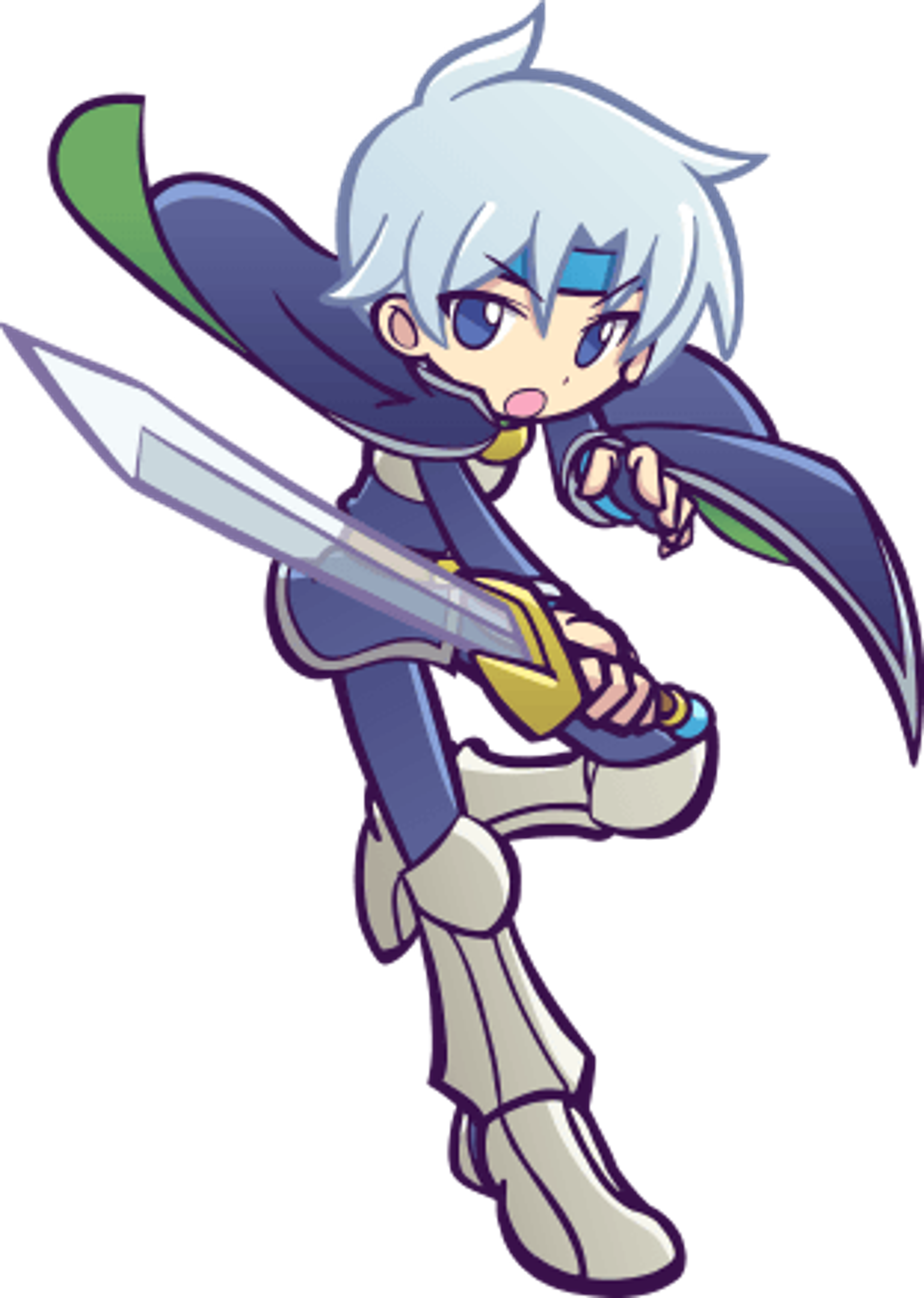 An anime-style character with blue hair and a dark purple outfit, posed in an action-ready stance.