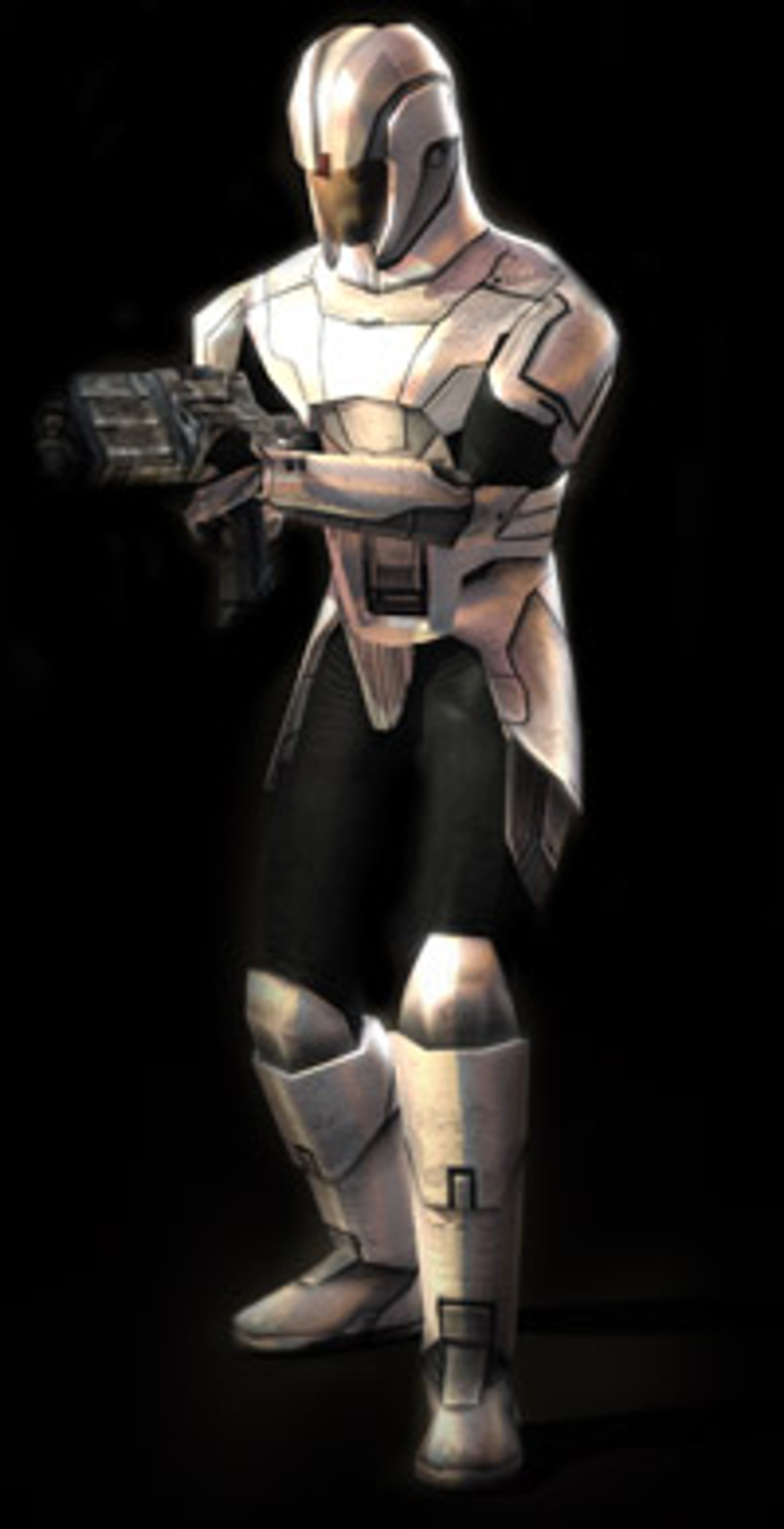 A Sith Imperial Trooper in silver and black armor, holding a blaster rifle.
