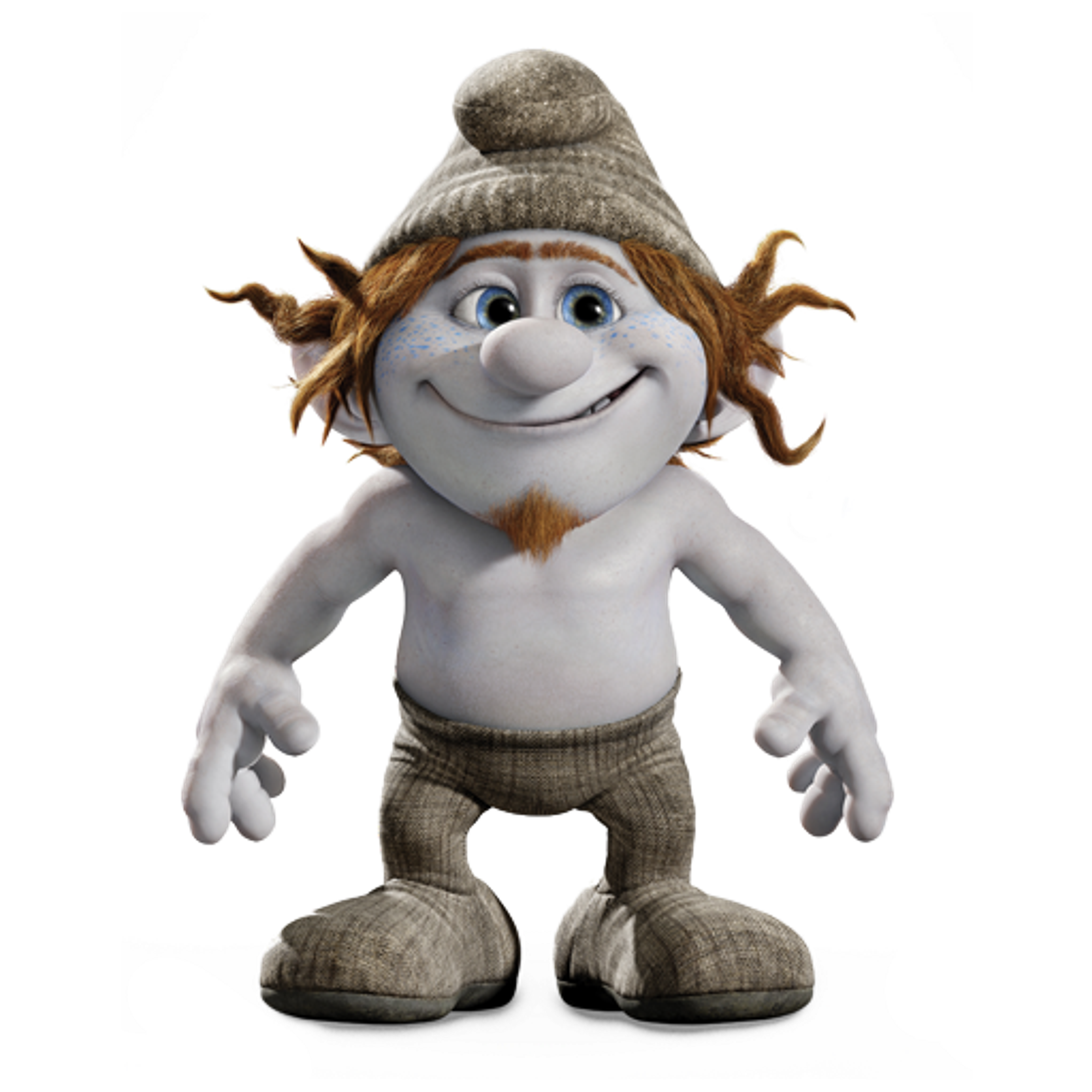 A CGI animated character named Hackus, a former 'Naughty' minion who has been transformed into a blue Smurf with wild orange hair.