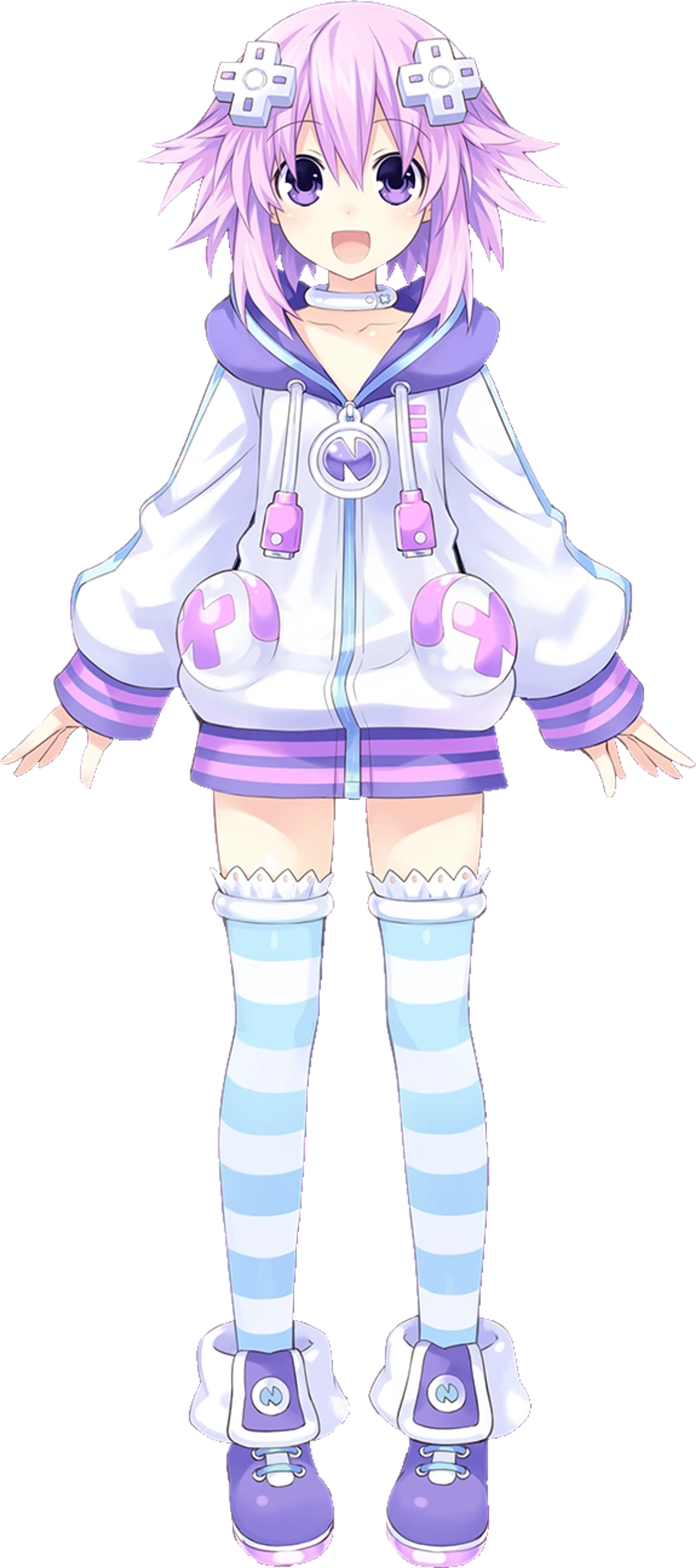 Neptune from Hyperdimension Neptunia, a CPU goddess with lilac hair and purple eyes wearing a white hoodie dress