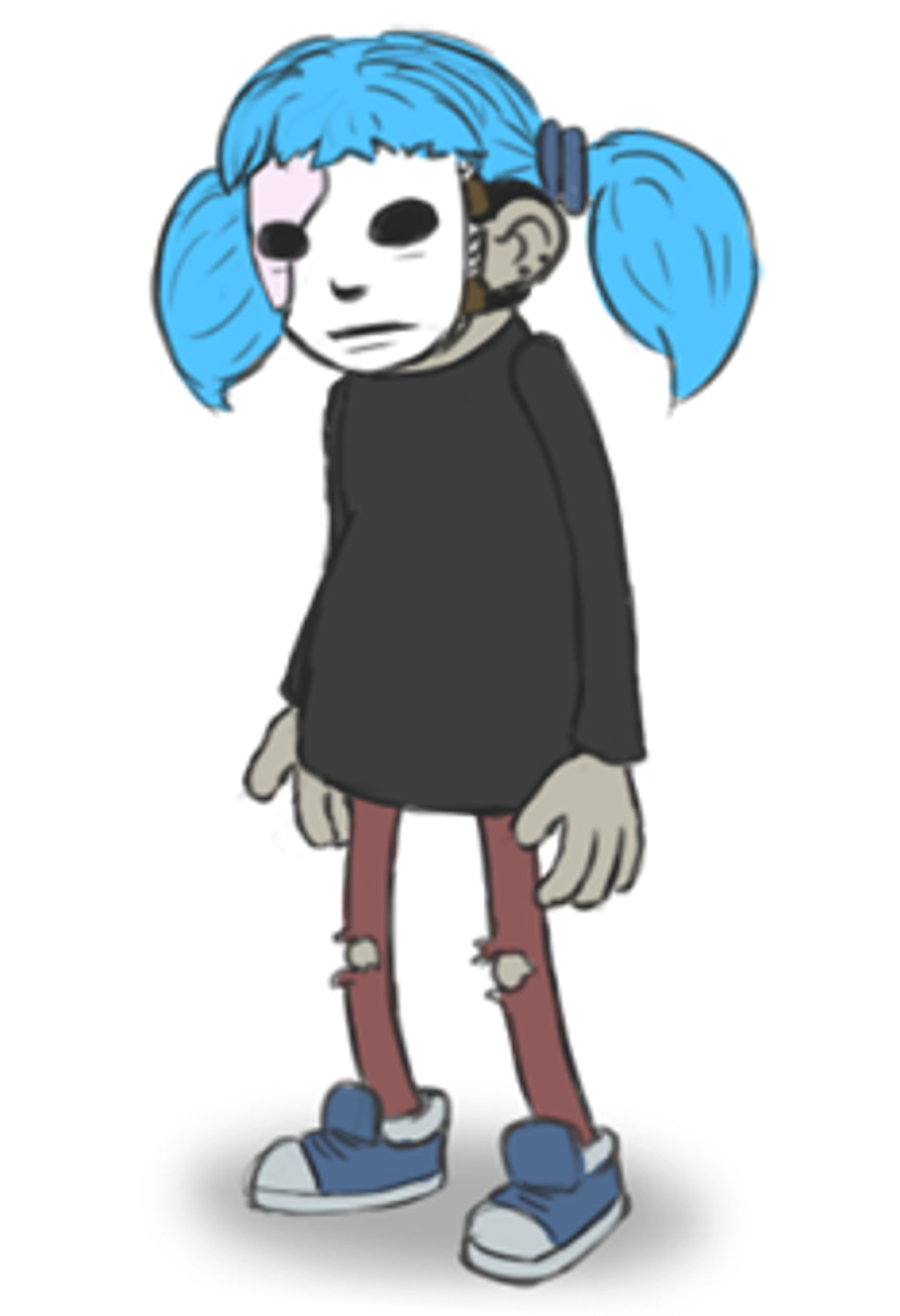 An anime-style character with blue hair in pigtails, wearing a black outfit and a prosthetic mask covering the lower half of their face.