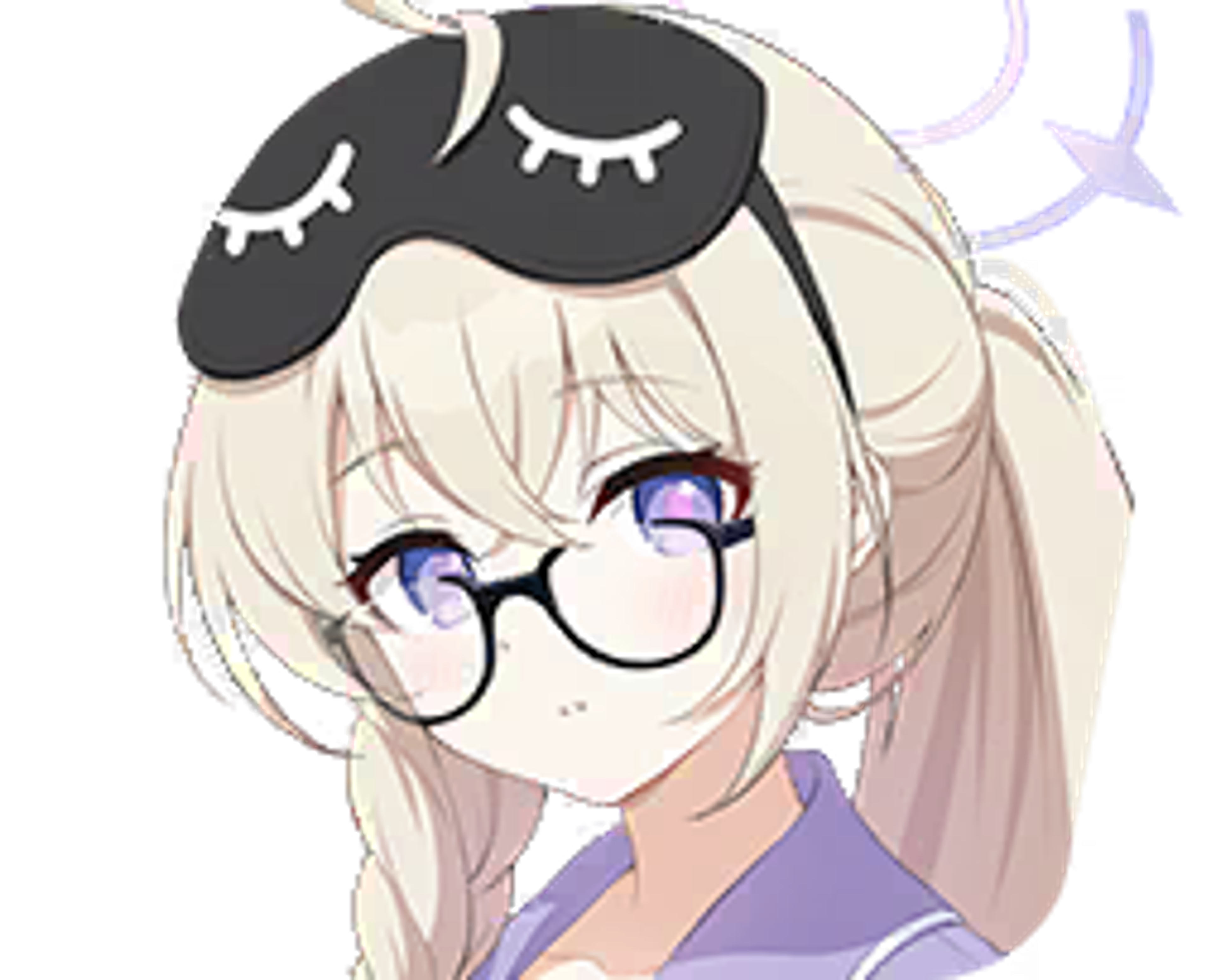 An anime-style character with blonde hair, glasses, and a black hat with eyes