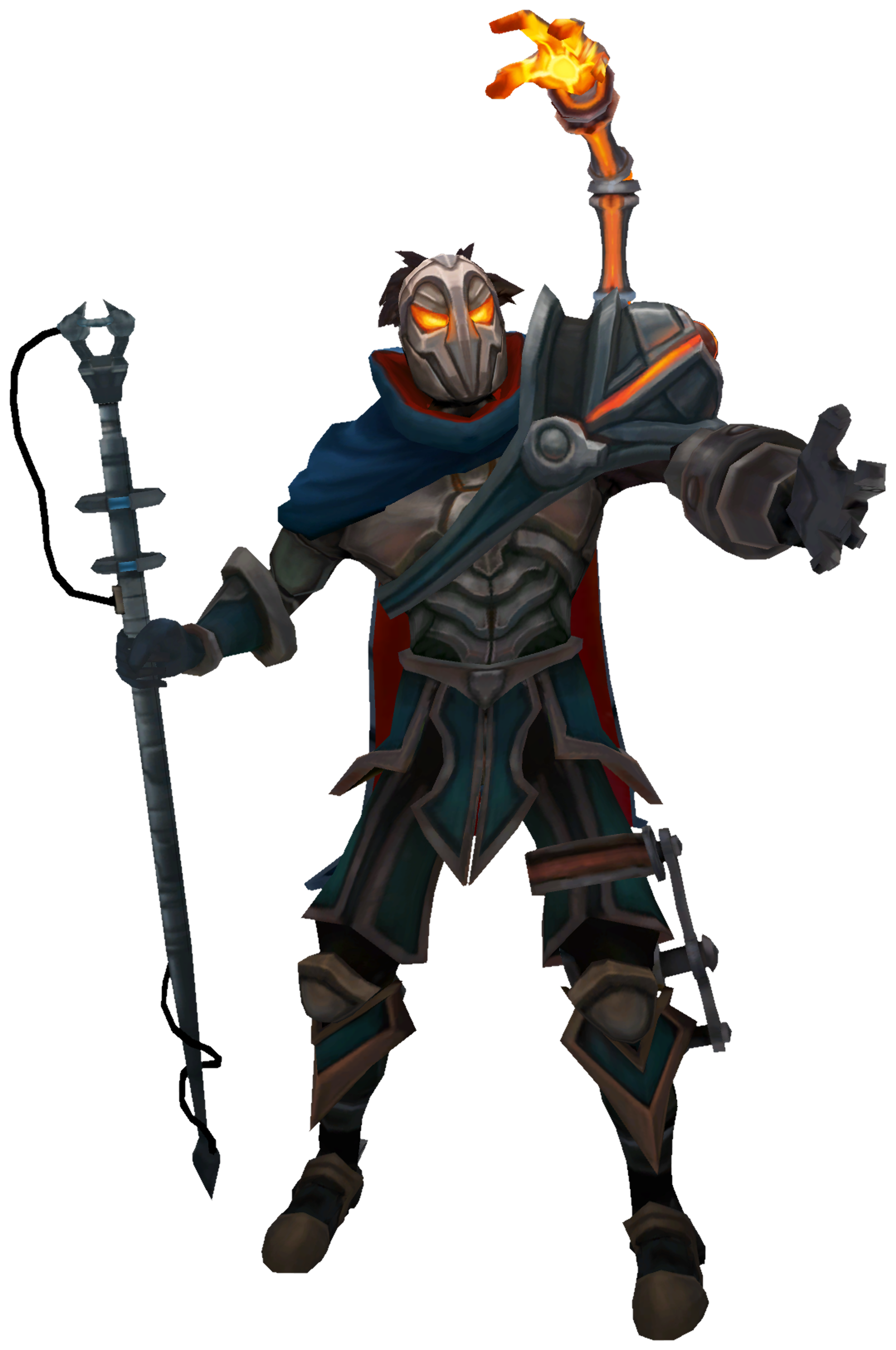 A heavily cybernetically enhanced male character with a mechanical body, glowing red eyes, and a flaming torch-like device on his right hand.